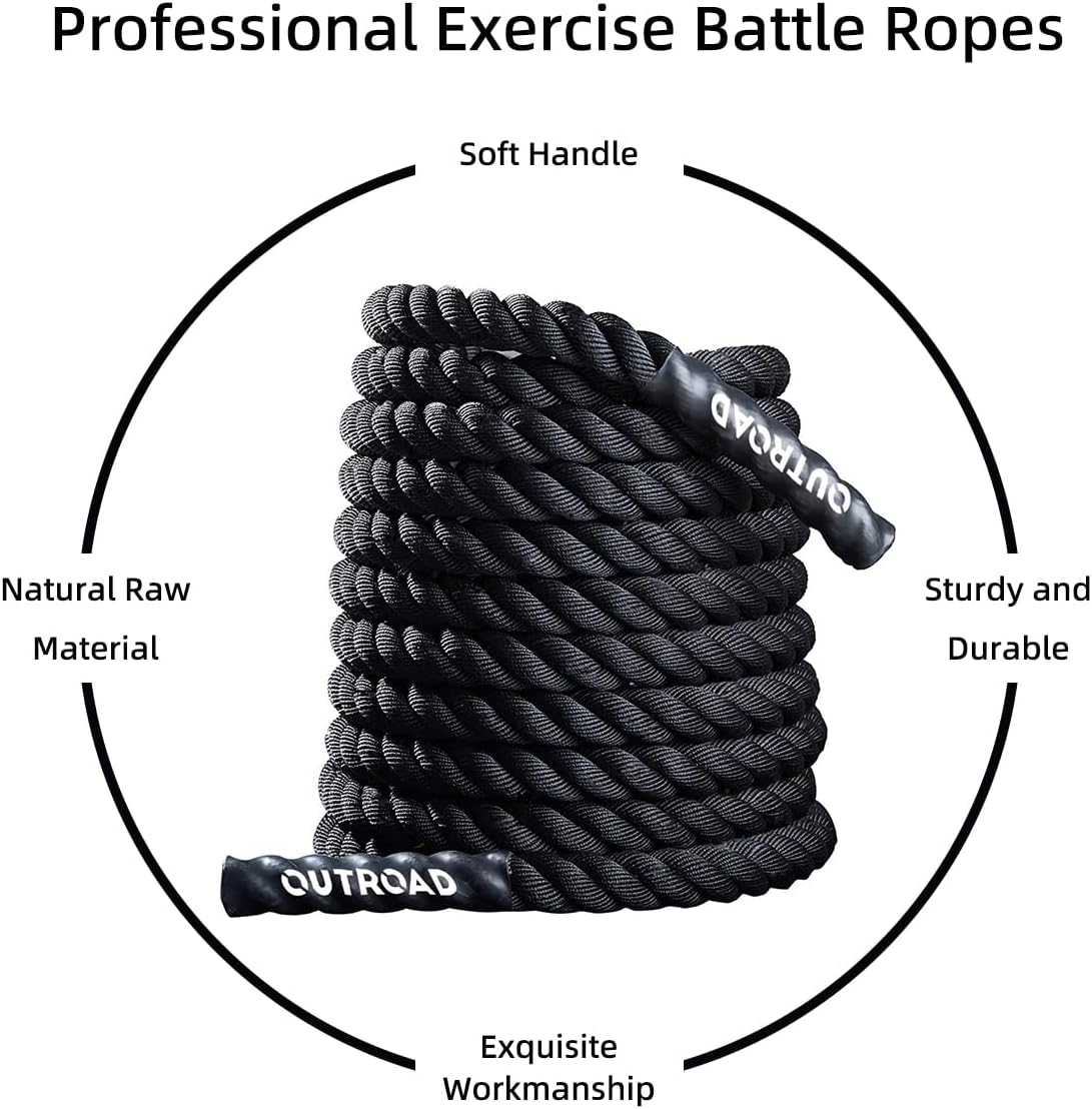 Outroad Battle Rope, 1.5" Diameter 30ft Poly Dacron Workout Exercise Training Heavy Rope, Workout Equipment for Crossfit Training Home Gym & Fitness Exercises, Black and Pattern
