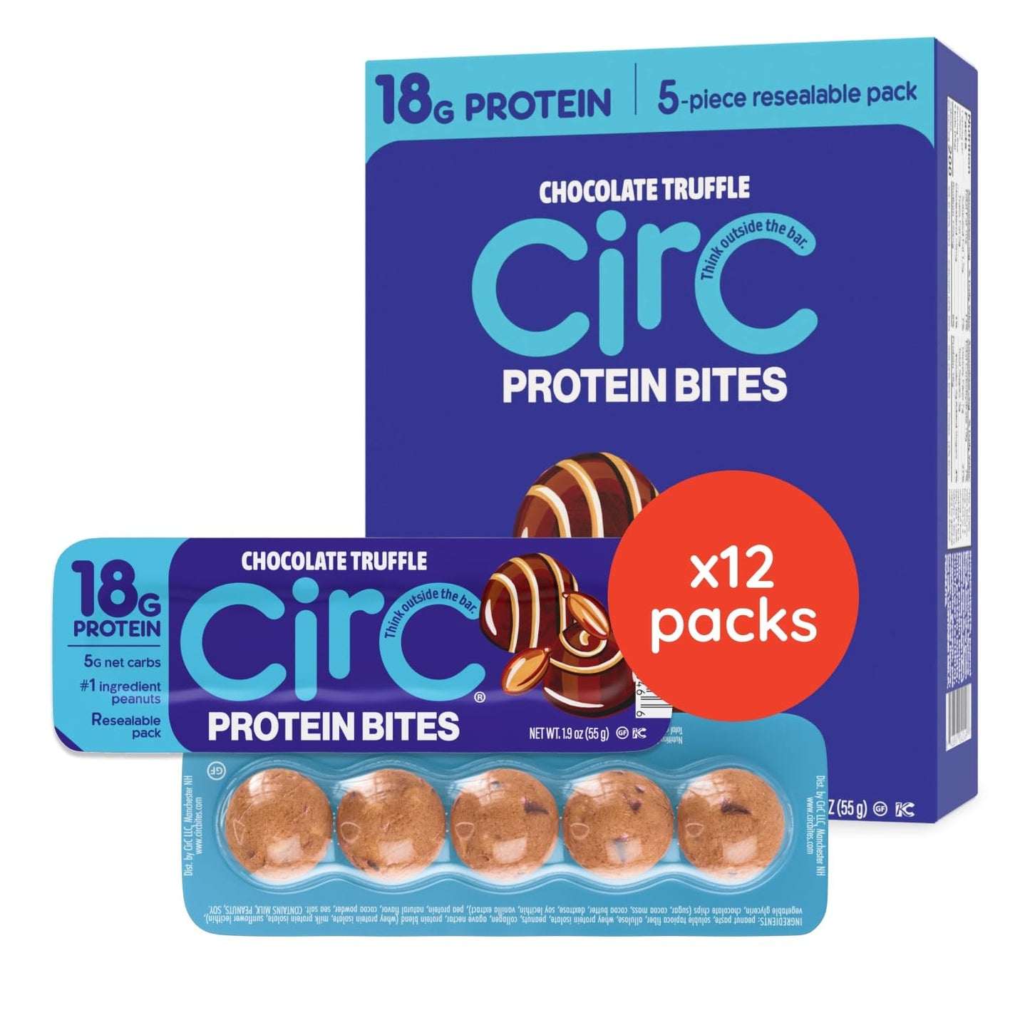 CirC Protein Bites - 12 Count Chocolate Truffle High Energy Balls - 18g of protein, 4g Collagen, 5g of net carb, Whey & Peanuts - Portable Healthy Snacks in 5-Piece Resealable Packs