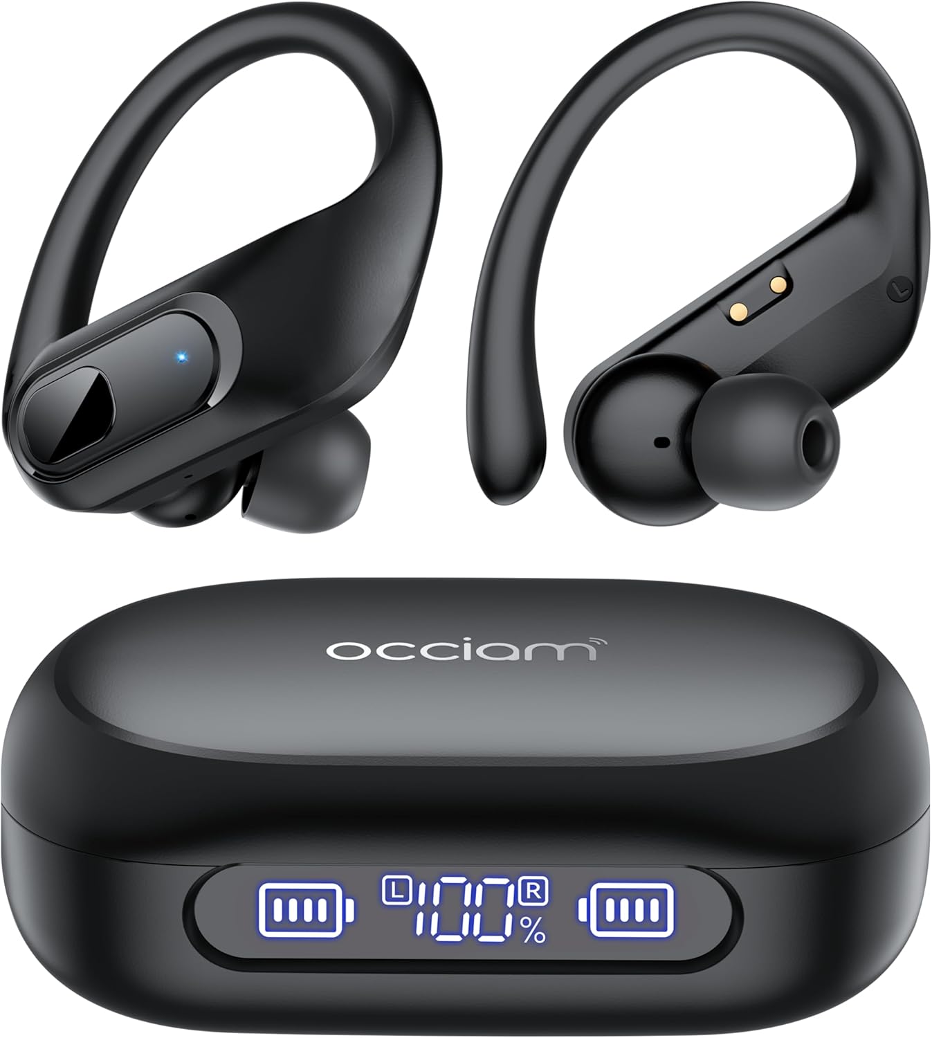 occiam Active Noise Cancelling Ear Buds Wireless Earbuds Bluetooth Headphones 96Hrs Playback LED Display Over-Ear Waterproof Earphones with Earhooks Mics Clear Call for Sport/Running/Workout Black