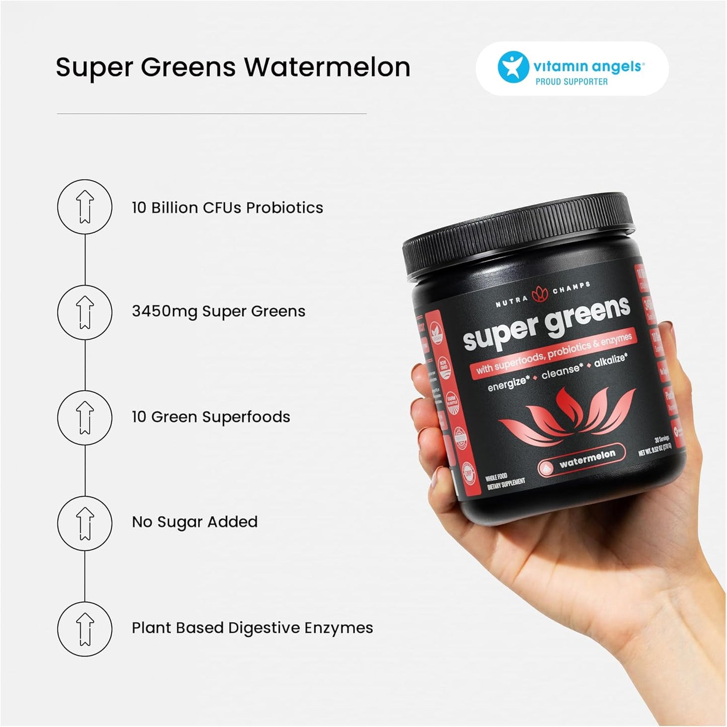 NutraChamps Super Greens Powder Premium Superfood | 20+ Organic Green Veggie Whole Foods | Alfalfa, Spirulina, Chlorella & More | Antioxidant, Digestive Enzyme & Probiotic Blends | Watermelon