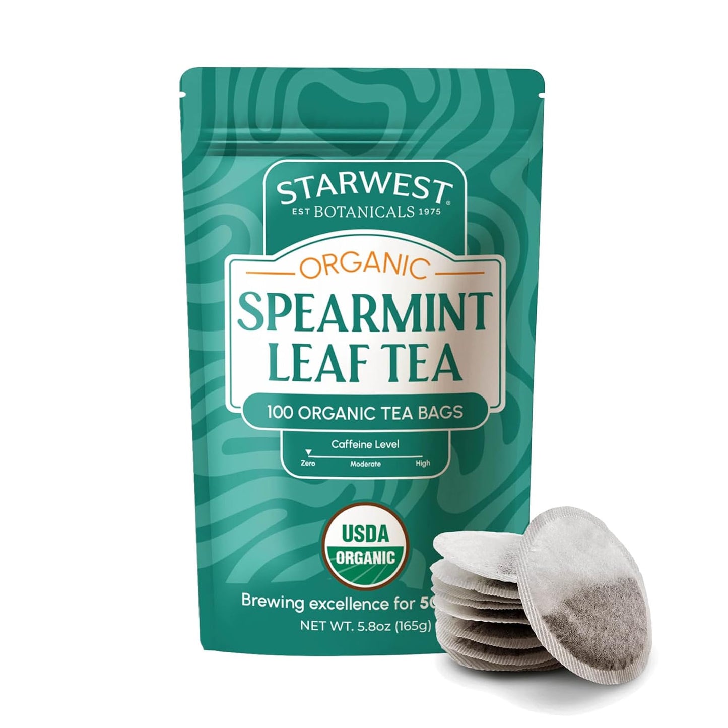 Starwest Botanicals Organic Spearmint Leaf Tea - Caffeine Free Herbal Tea, Promotes Calm, USDA Organic Spearmint Leaf, String Free Sachets, Non GMO - Bulk Pack, 100 Tea Bags