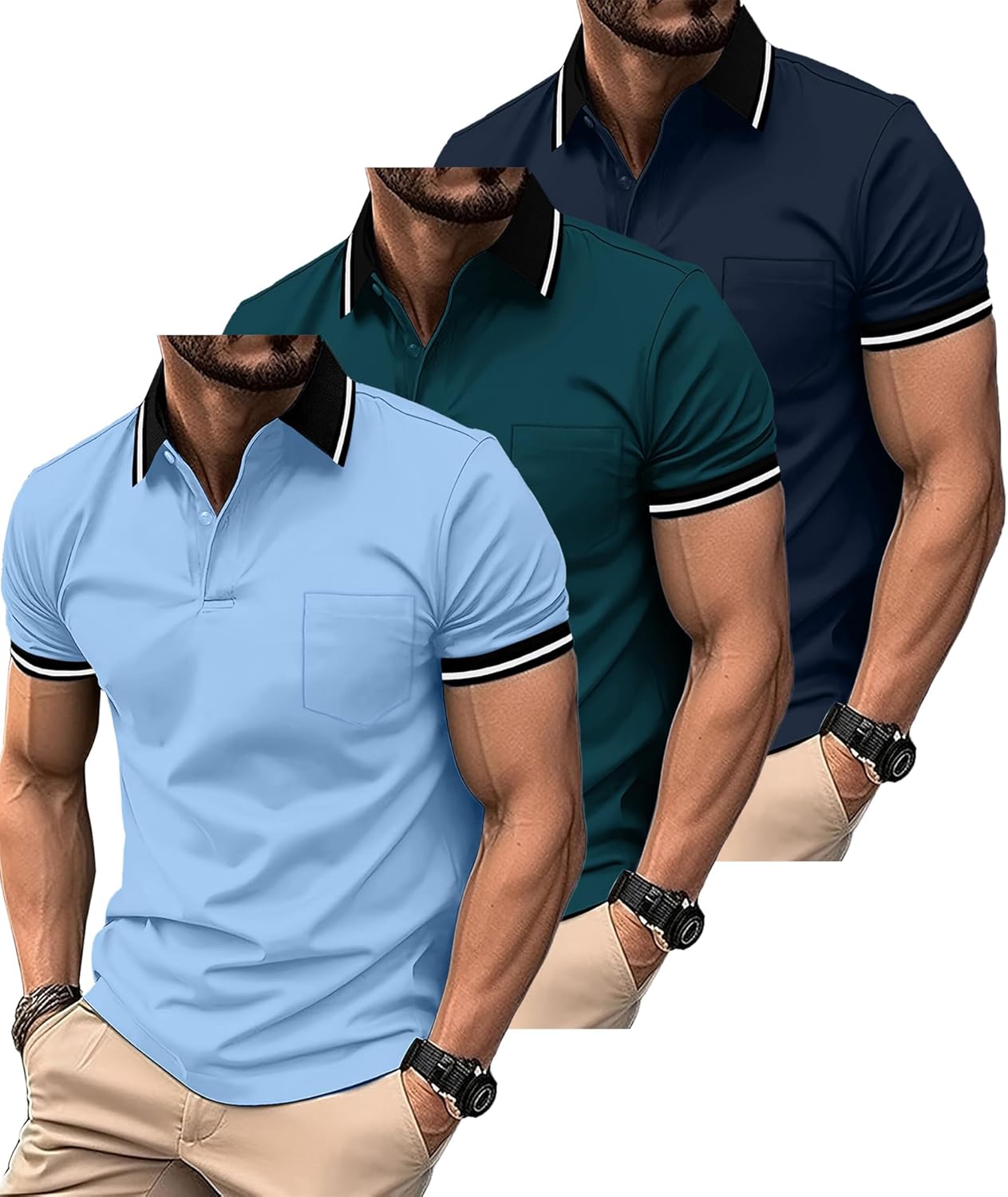 ZITY 3 Pack Men Polo Shirts Short Sleeve with Pocket Sport Wicking Shirts for Men Casual Athletic Collared T-Shirts