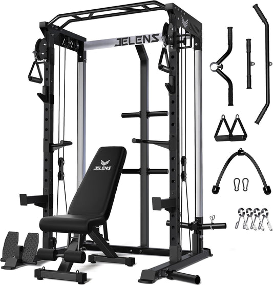 Power Cage, 2000LBS Multi-Function C21 Power Rack with Dual Pulley Cable Crossover System, All-in-One Squat Rack with More Training Attachments