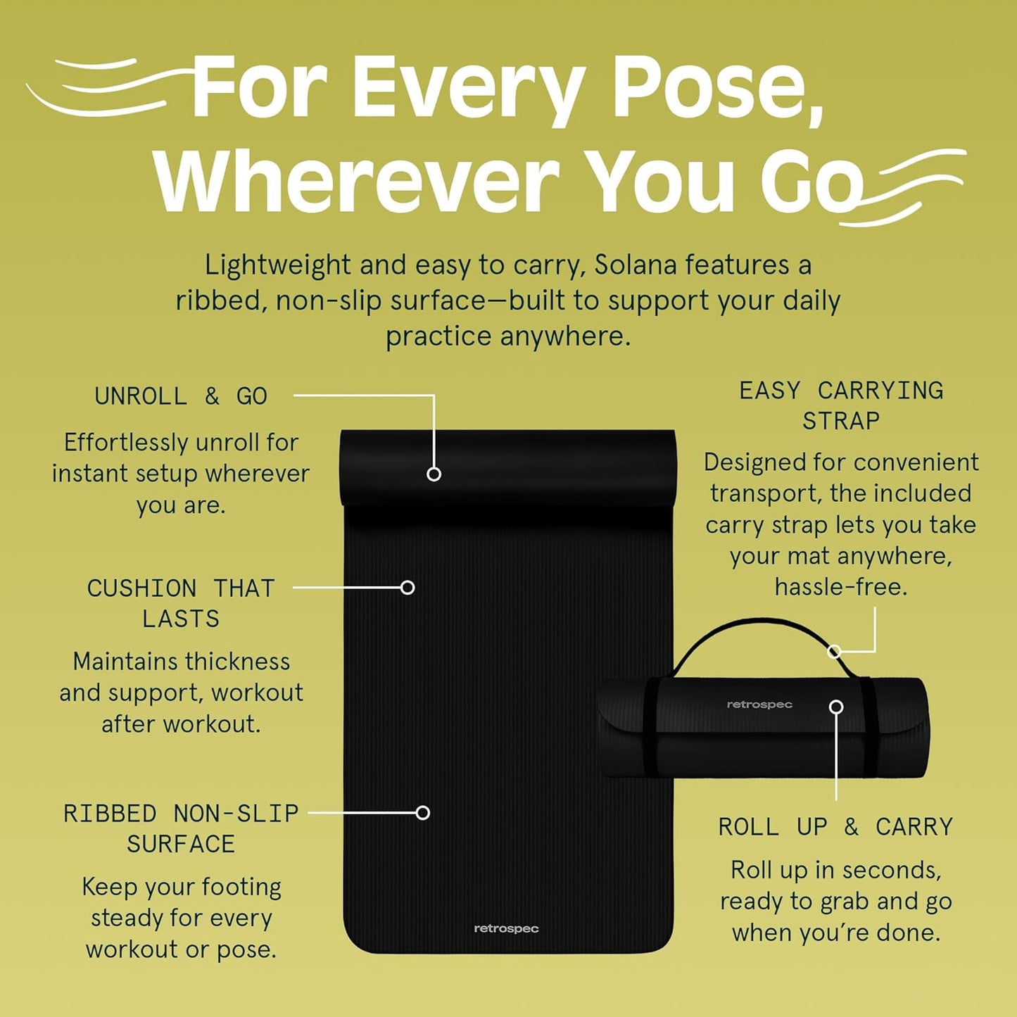 Retrospec Solana Yoga Mat 1" Thick With Nylon Carry Strap for Men & Women - Non Slip Exercise Mat for Home Yoga, Pilates, Stretching, Floor & Fitness Workouts