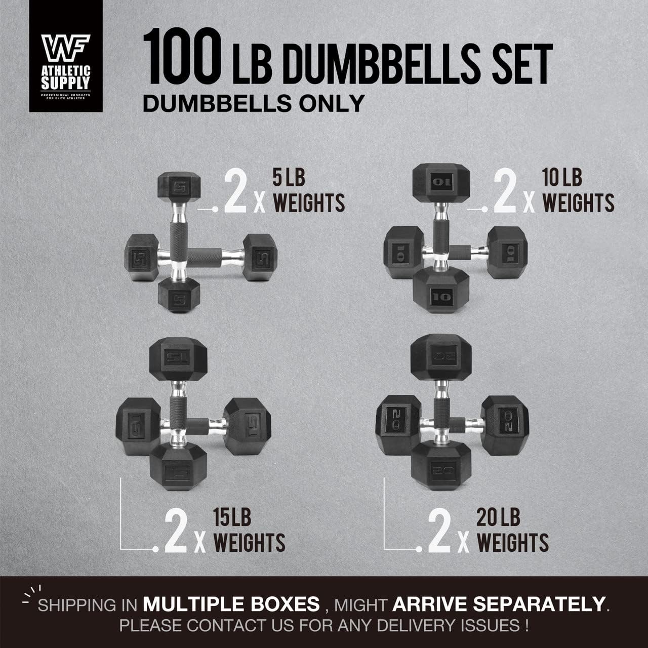 WF Athletic Supply Rubber Encased Hex Dumbbells with Rubber Grip Contoured Handle for Muscle Toning, Strength Building & Full Body Workout