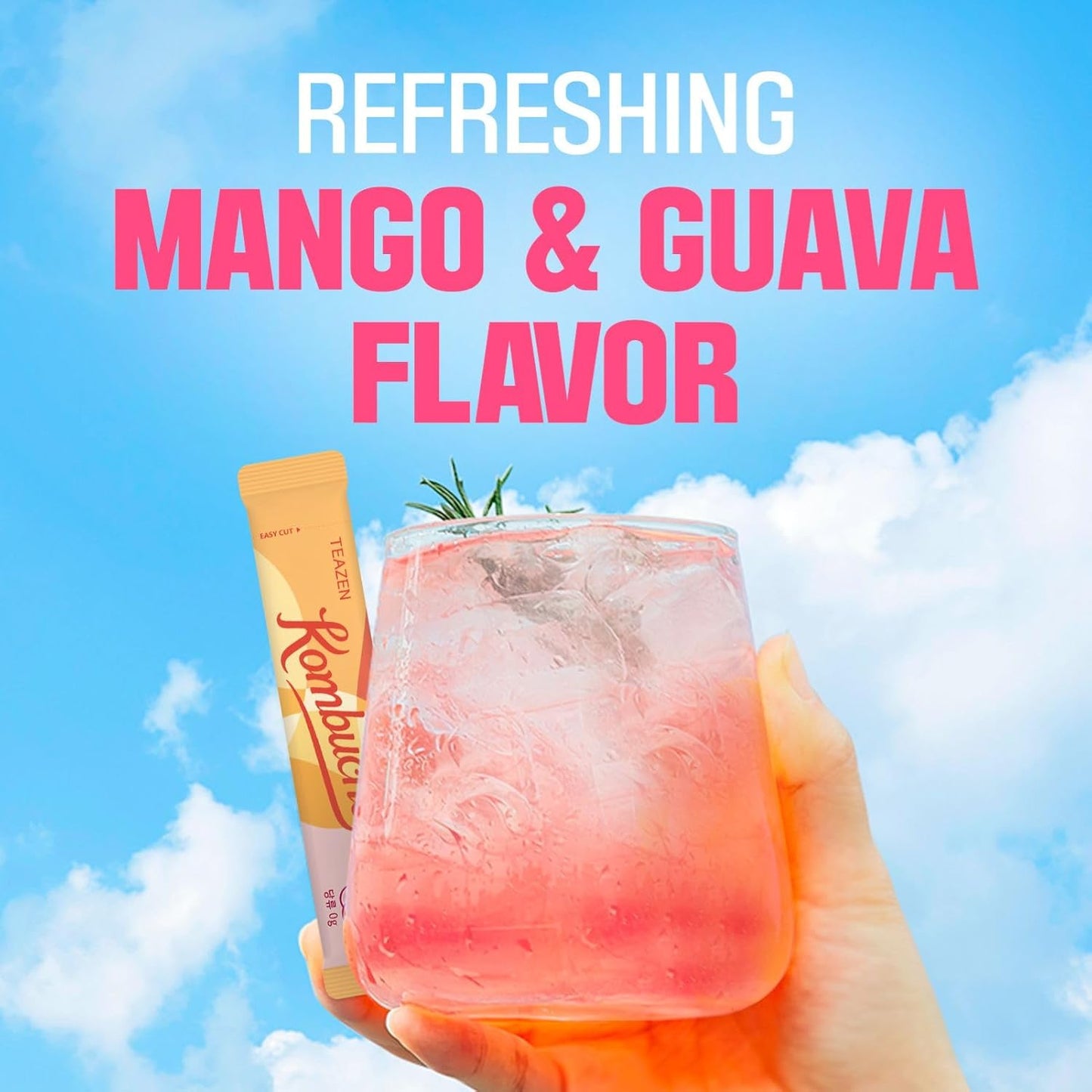 TEAZEN Mango Guava Kombucha Tea, Hydration Drink Mix, Sugar Free, Live Probiotics & Prebiotics, 10 Sticks, 1.76oz