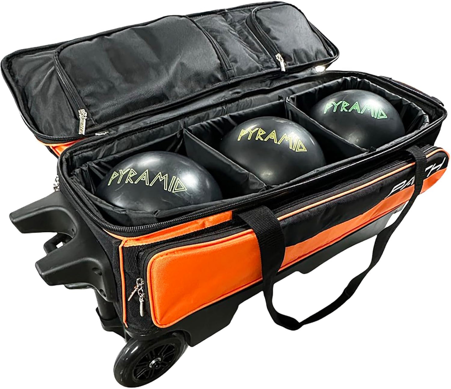 Pyramid Path Triple Premium Deluxe Roller Bowling Bag With Extra Large Separate Shoe Compartment (Up To US Mens Size 16) and 5 Accessory Pockets, 5" Wheels, Retractable Locking Handle - Extends to 42"