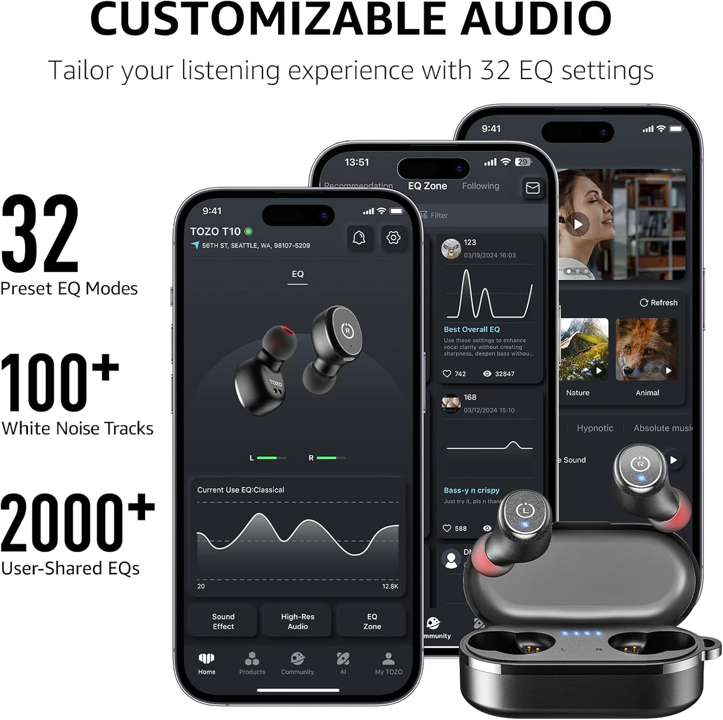 TOZO T10 Wireless Earbuds Bluetooth 5.3 Headphones, App Customize EQ, Ergonomic Design, 55H Playtime, Wireless Charging Case, IPX8 Waterproof Sound in-Ear Headset, 2025 New Version