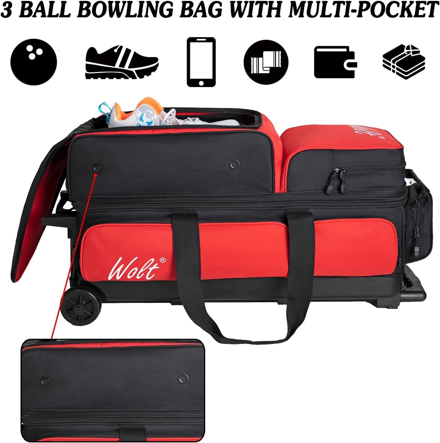 WOLT 3 Ball Bowling Bags with Wheels,Bowling Ball Bag 3 Ball Roller with Separate Shoe Compartment and Accessory Pocket, Retractable Handle Extends to 38’’