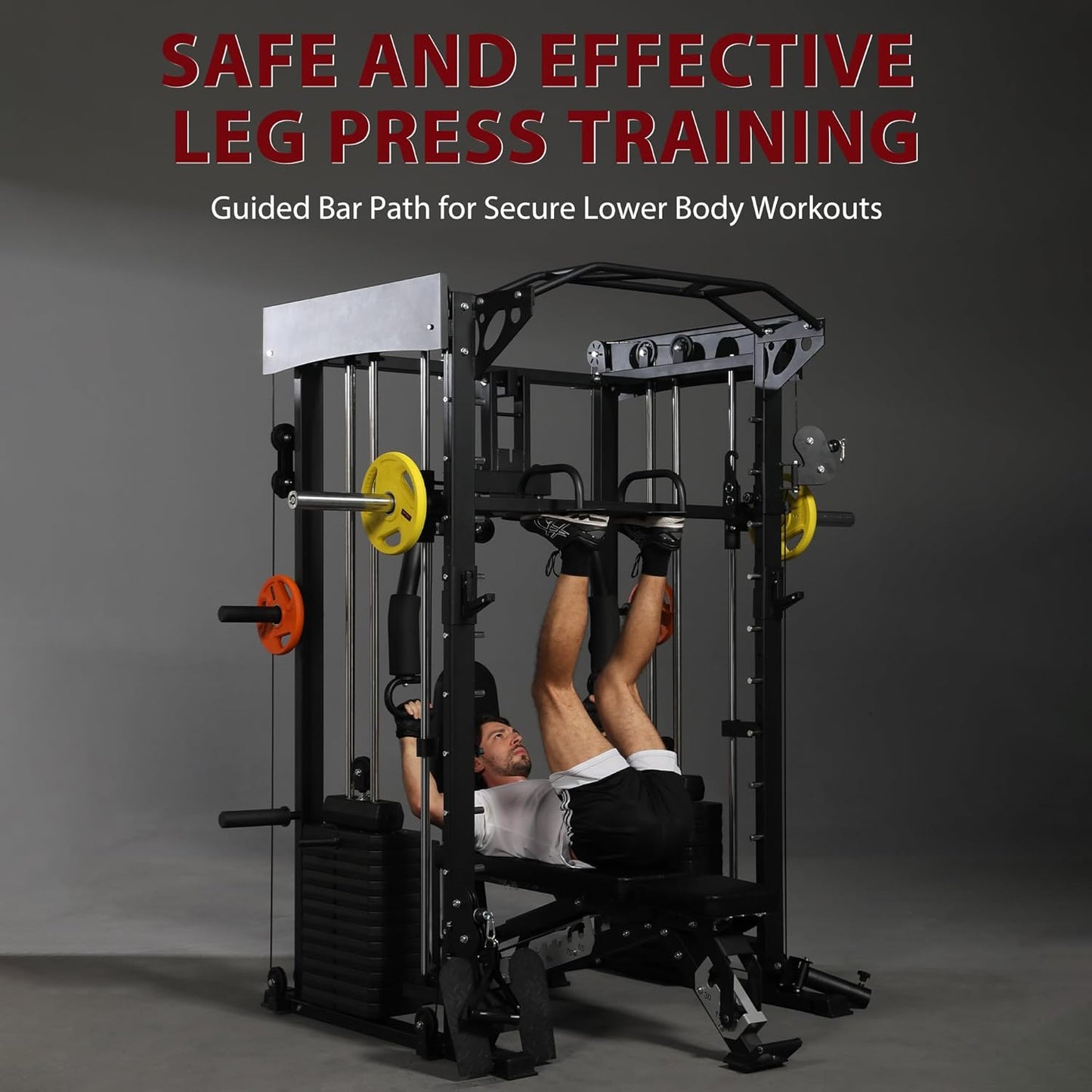 Smith Machine with Chest Fly & Leg Press, All-in-One Home Gym Power Cage with Weight Stack, Bench and Full Accessory Kit for Total Body Strength Training for Beginners