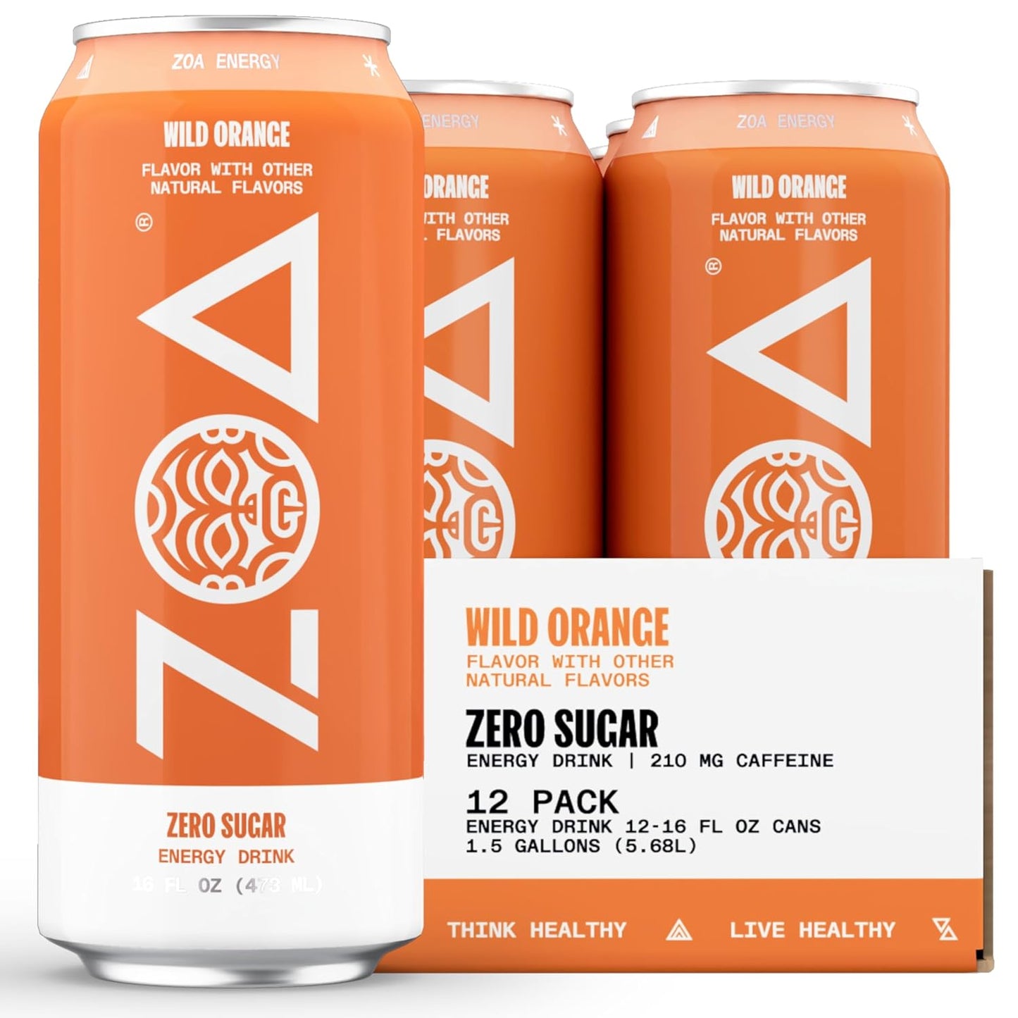 ZOA Zero Sugar Energy Drinks, Wild Orange - Sugar Free with Electrolytes, Healthy Vitamin C, Amino Acids, Essential B-Vitamins, and Caffeine from Green Tea - 16 Fl Oz (12-Pack)