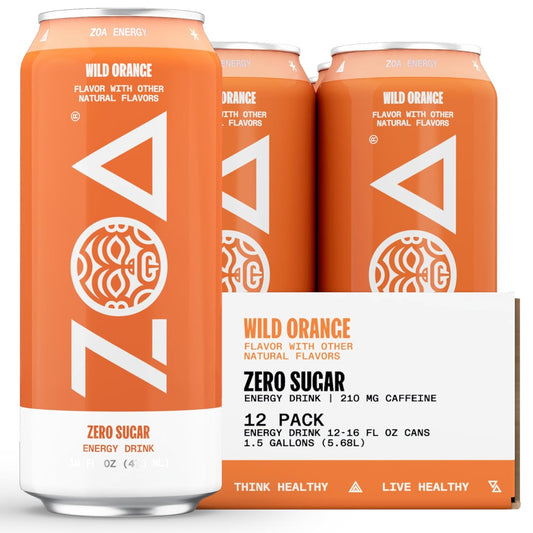 ZOA Zero Sugar Energy Drinks, Wild Orange - Sugar Free with Electrolytes, Healthy Vitamin C, Amino Acids, Essential B-Vitamins, and Caffeine from Green Tea - 16 Fl Oz (12-Pack)