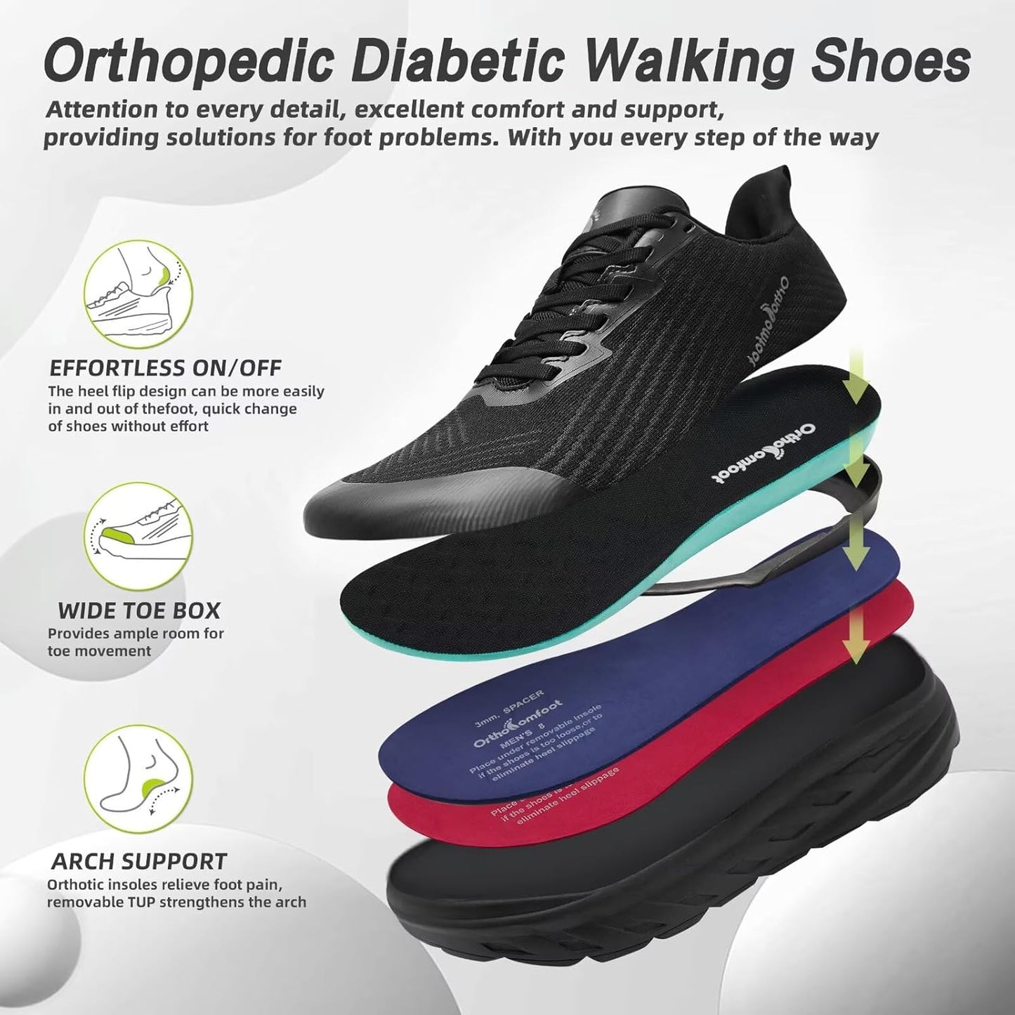 OrthoComfoot Orthopedic Diabetic Men's Wide Shoes: Comfortable Arch Support Running Sneakers, Plantar Fasciitis Wide Toe Box Work Tennis Outdoor Walking Shoes for Swollen Feet, Heel Pain