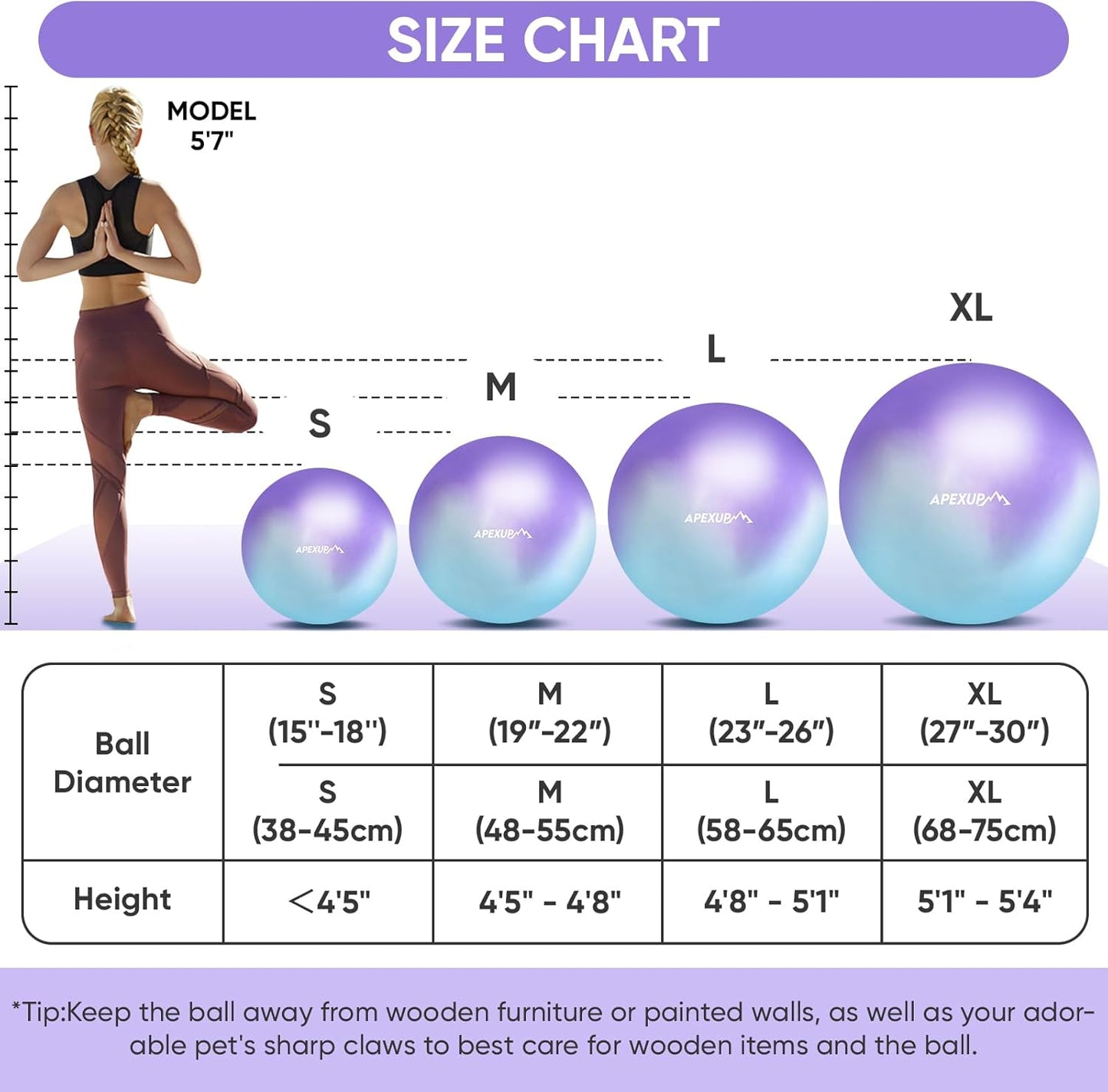 APEXUP Yoga & Pilates Ball - Anti Slip Heavy Duty Gym Ball for Fitness, Balance & Core Workout