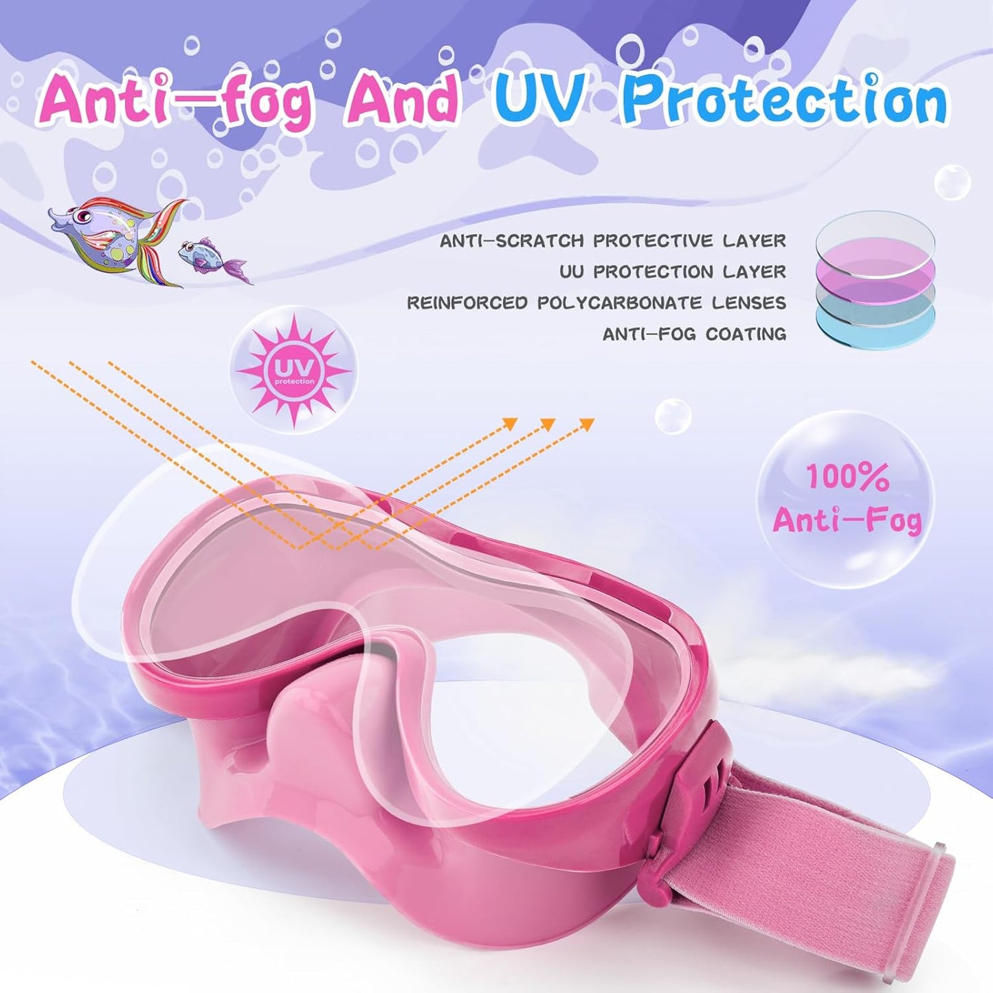 Kids Swim Goggles 180° Snorkel Diving Mask with Nose Cover, Anti-Fog Kids Swimming Goggles with Elastic Fabric Strap for Kids Boys Girls