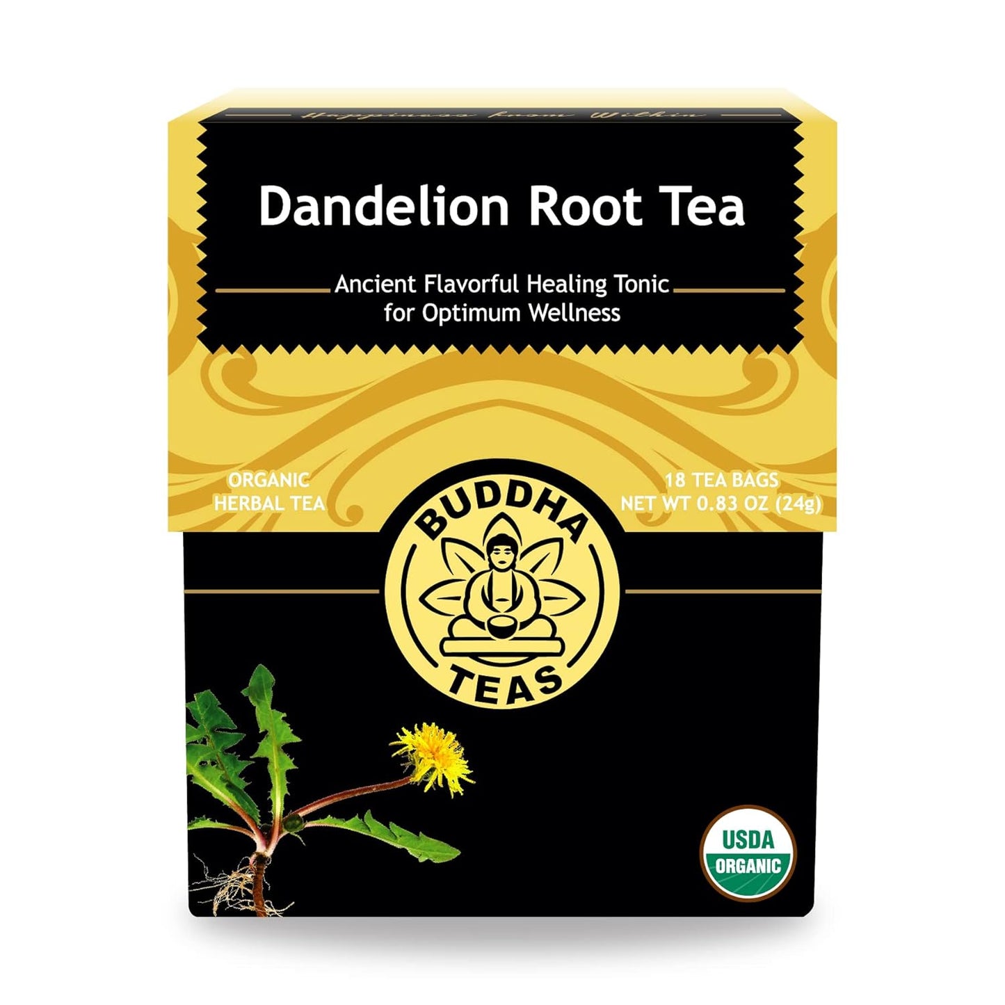 Buddha Teas Organic Dandelion Root Tea – 18 Bleach-Free Tea Bags – Caffeine-Free Tea with a Rich, Earthy Taste, Natural Source of Vitamins, Minerals, and Antioxidants, Kosher, GMO-Free