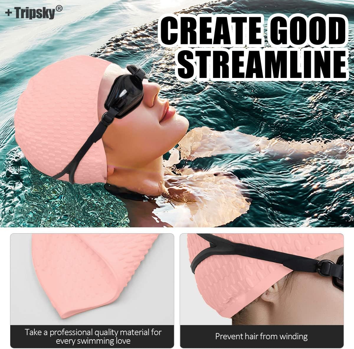 Tripsky Silicone Swim Cap,Comfortable Bathing Cap Ideal for Curly Short Medium Long Hair, Swimming Cap for Women and Men, Shower Caps Keep Hairstyle Unchanged…