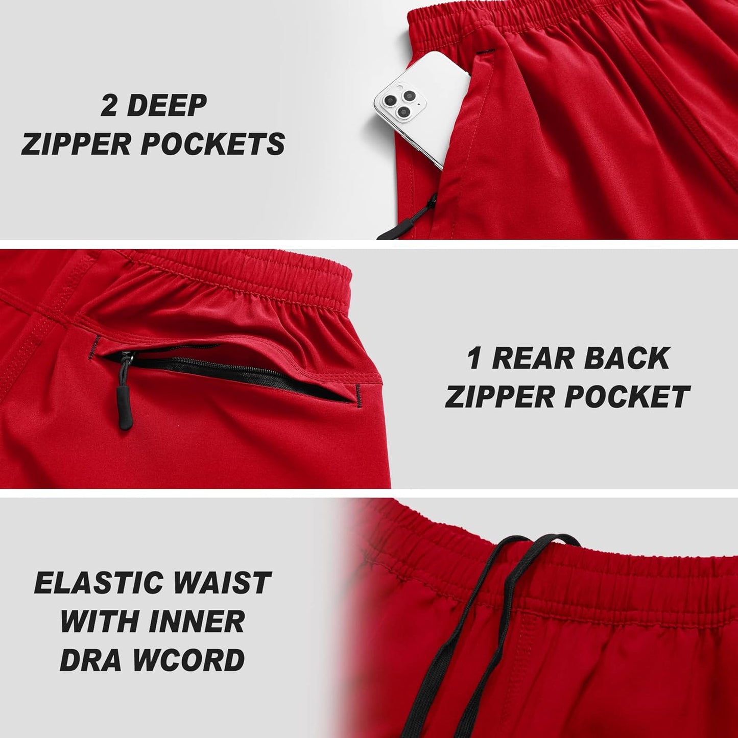 Men's Gym Shorts Sports Quick Dry Workout Running or Casual Training Short with Zipper Pockets