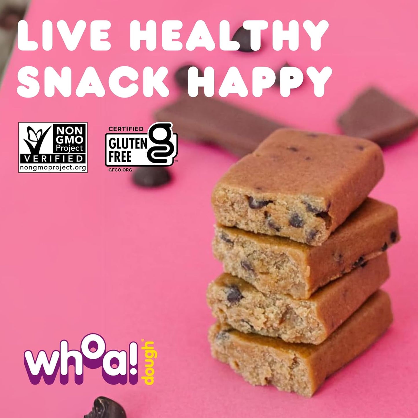 Whoa Dough Edible Cookie Dough Bars- Certified Non-GMO, Kosher and Gluten Free Bars - Healthy Snack Foods - Plant Based Snacks Made With Real Ingredients - Chocolate Chip Cookie Dough - 10 Pack