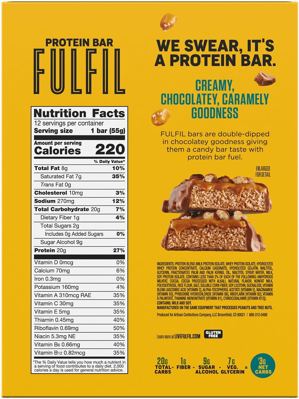 FULFIL Protein Bars, Chocolate Salted Caramel Flavored, Gluten Free with 20g Protein, Pantry Staples, 12 Count