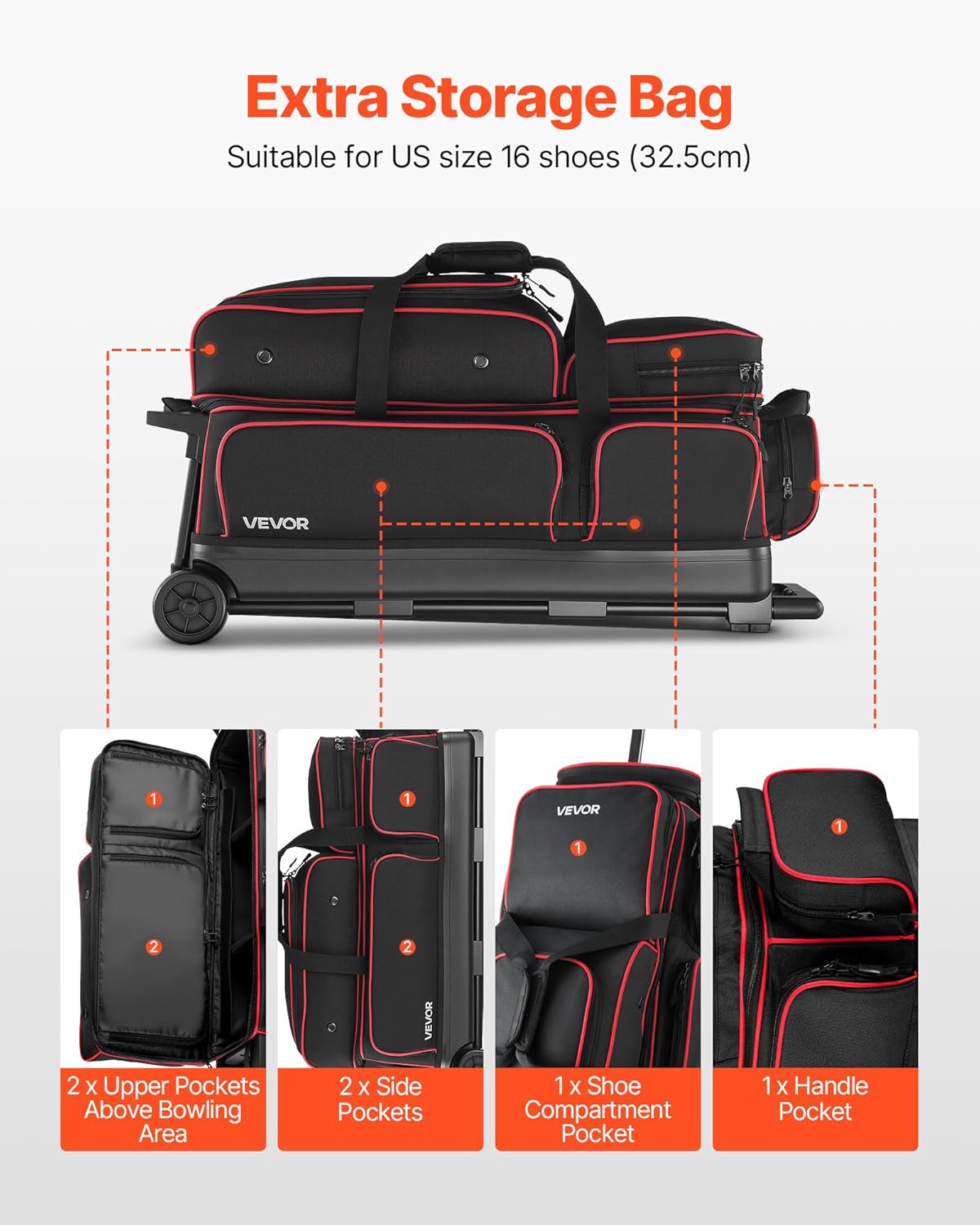 VEVOR Bowling Ball Bag, 3 Ball Double Roller Bowling Bag with Wheels, Featuring a Separate Compartment for Shoes (Up To US Size 16) & Oversized Accessory Pocket, Retractable Handle Extends to 41.34 in