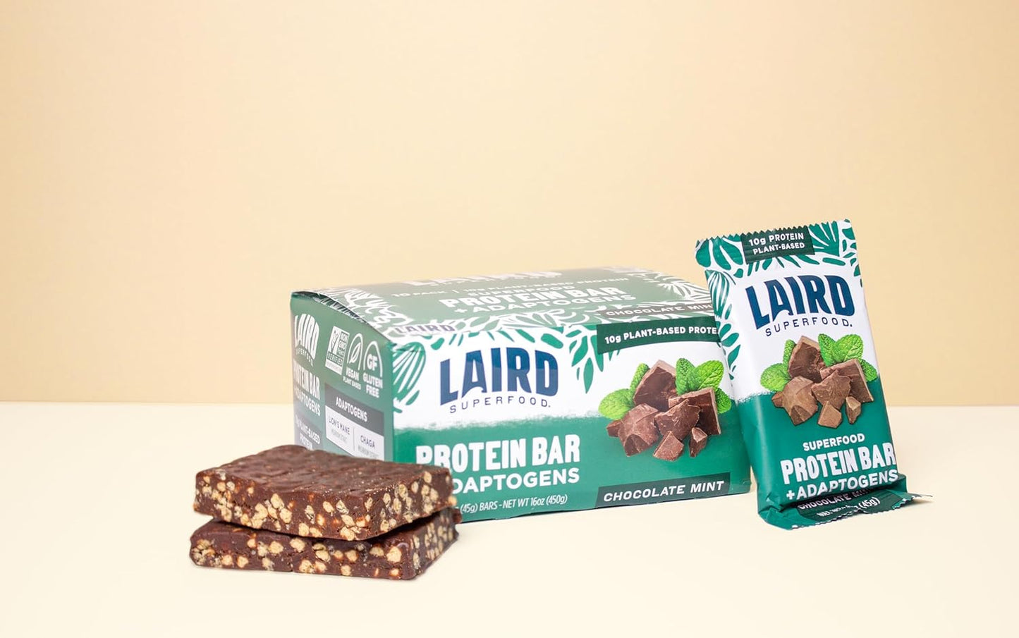 Laird Superfood Functional Protein Bars – Protein Bar but Better with Real Ingredients, Functional Mushrooms 10g Plant-Based Protein, 6g Fiber - Non-GMO - Mint Chocolate, 10 Count (Pack of 1)