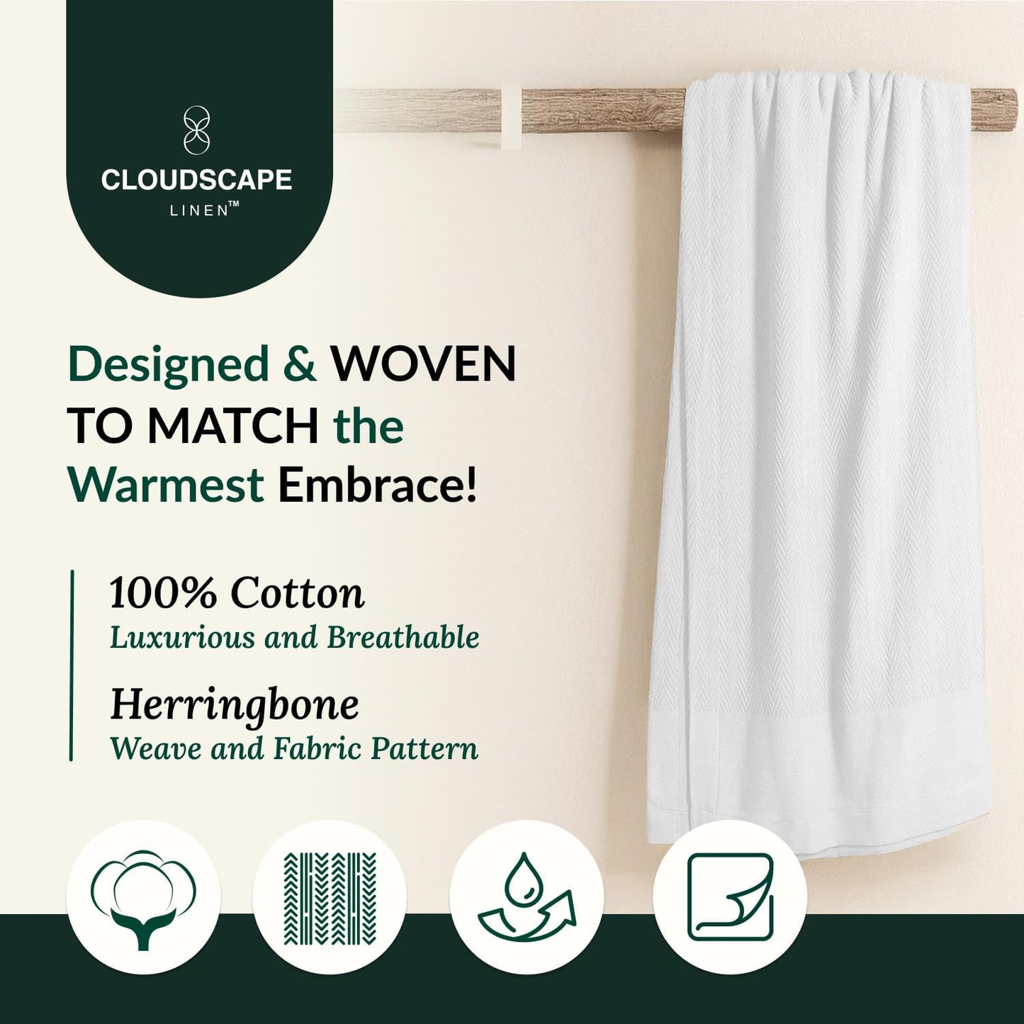 Cloud Scape Linen 100% Cotton Blanket King Size for Bed – Lightweight Summer Blanket, Herringbone Weave,fits California King Size Bed, 92x108,White