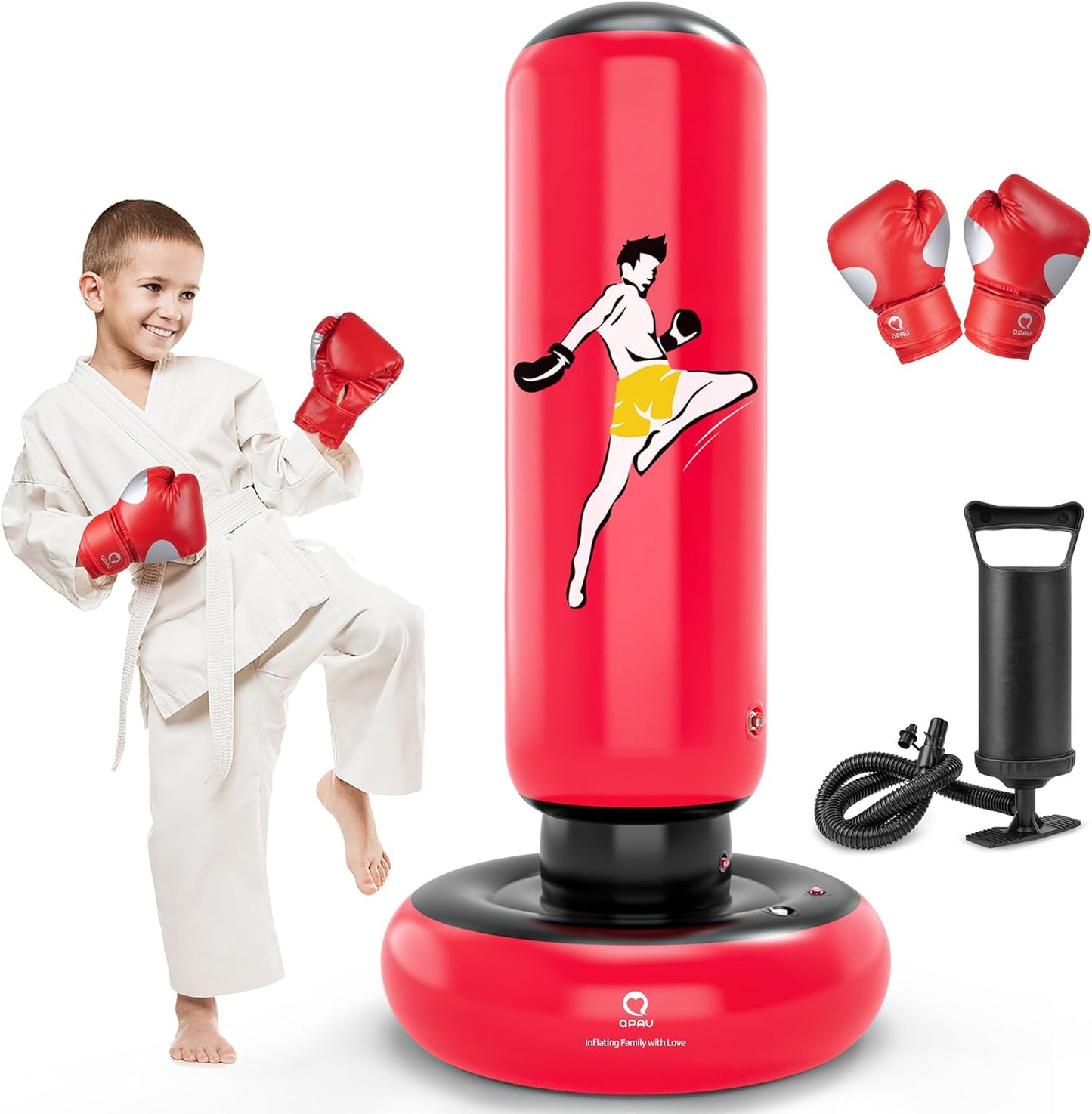 QPAU Kids Punching Bag Toy with Boxing Gloves, 66 Inch Larger Stable Kids Inflatable Boxing Bag Set, Gifts for Boys & Girls Age 6-12, for Practicing Karate, Taekwondo, MMA