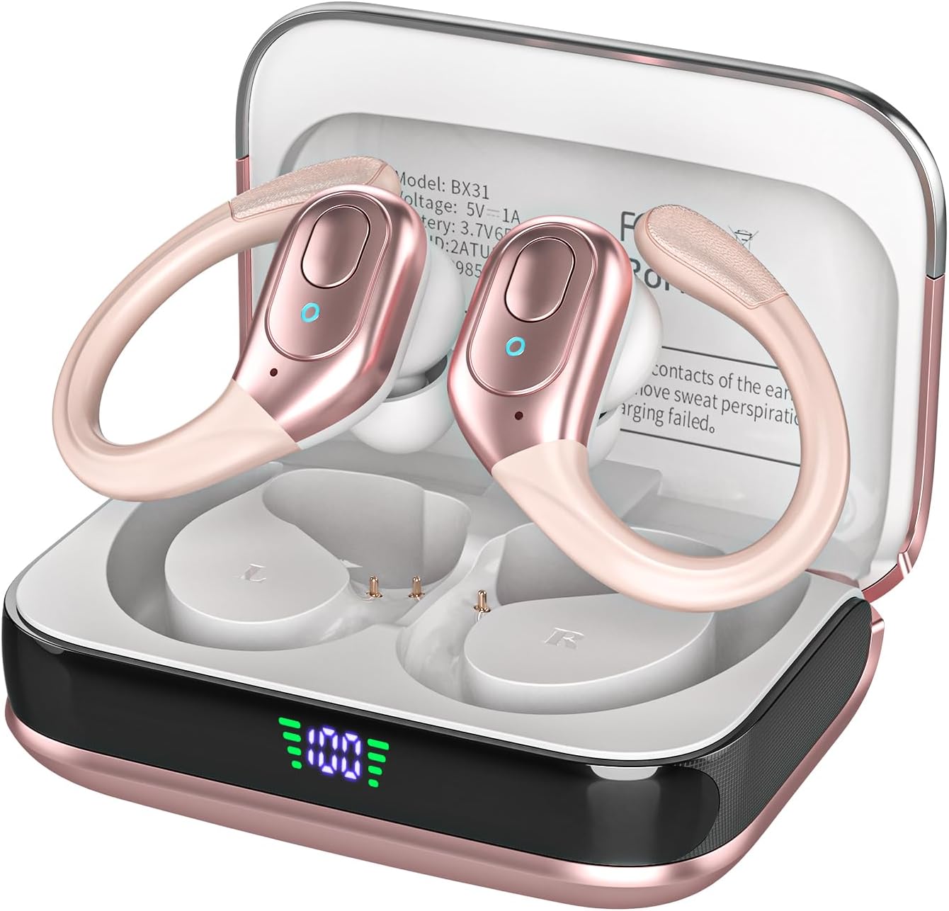 Wireless Earbuds Bluetooth 5.4 Headphones, Noise Canceling Ear Buds with 75hr Playtime, LED Power Display, IPX7 Waterproof Earphones Over-Ear Earphones for Sports/Workouts - Rose Gold