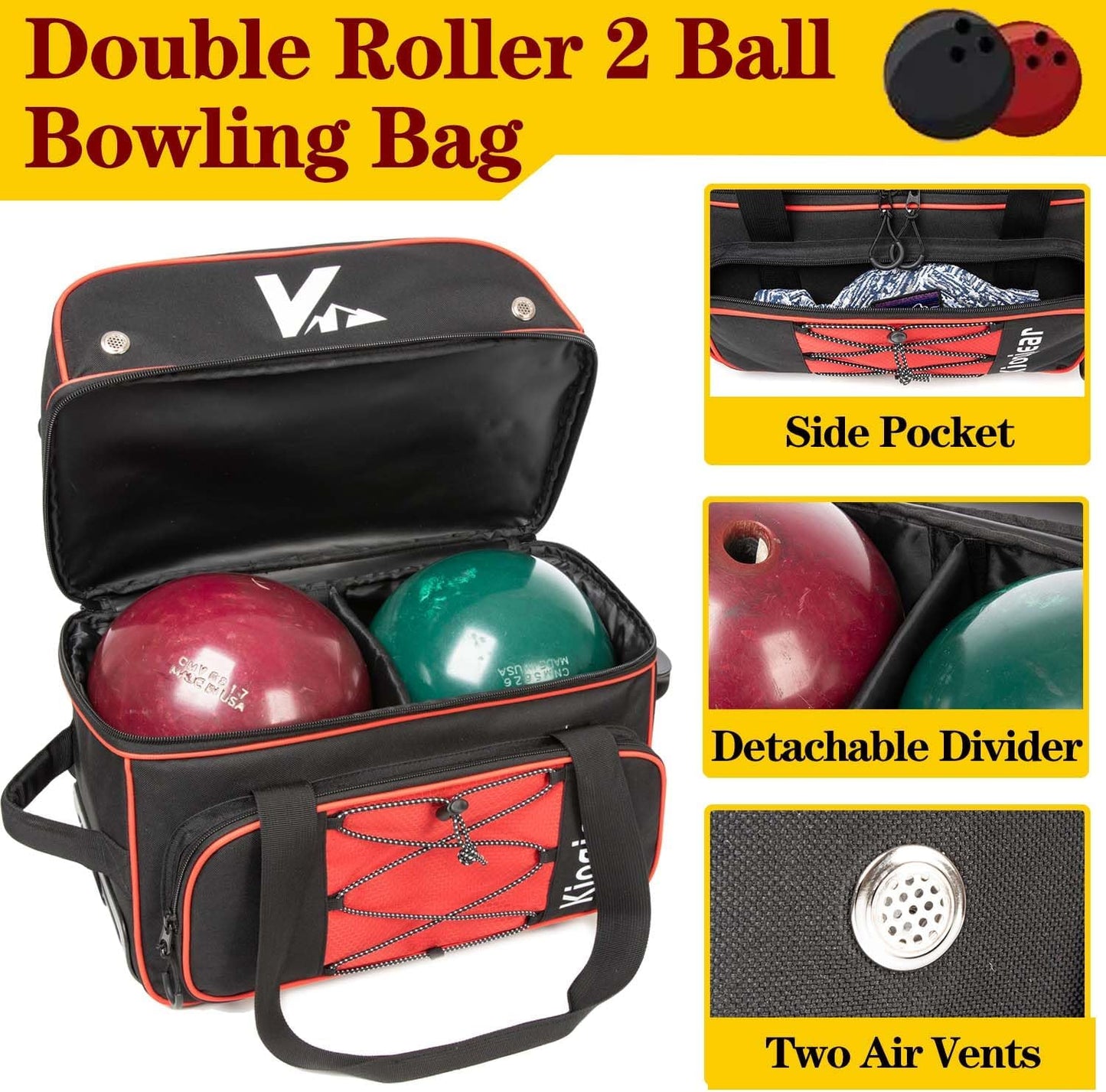 Double Roller 2 Ball Bowling Bag with Large Separate Shoe Compartment and Oversized Accessory Pocket, 36" Extendable Handle.