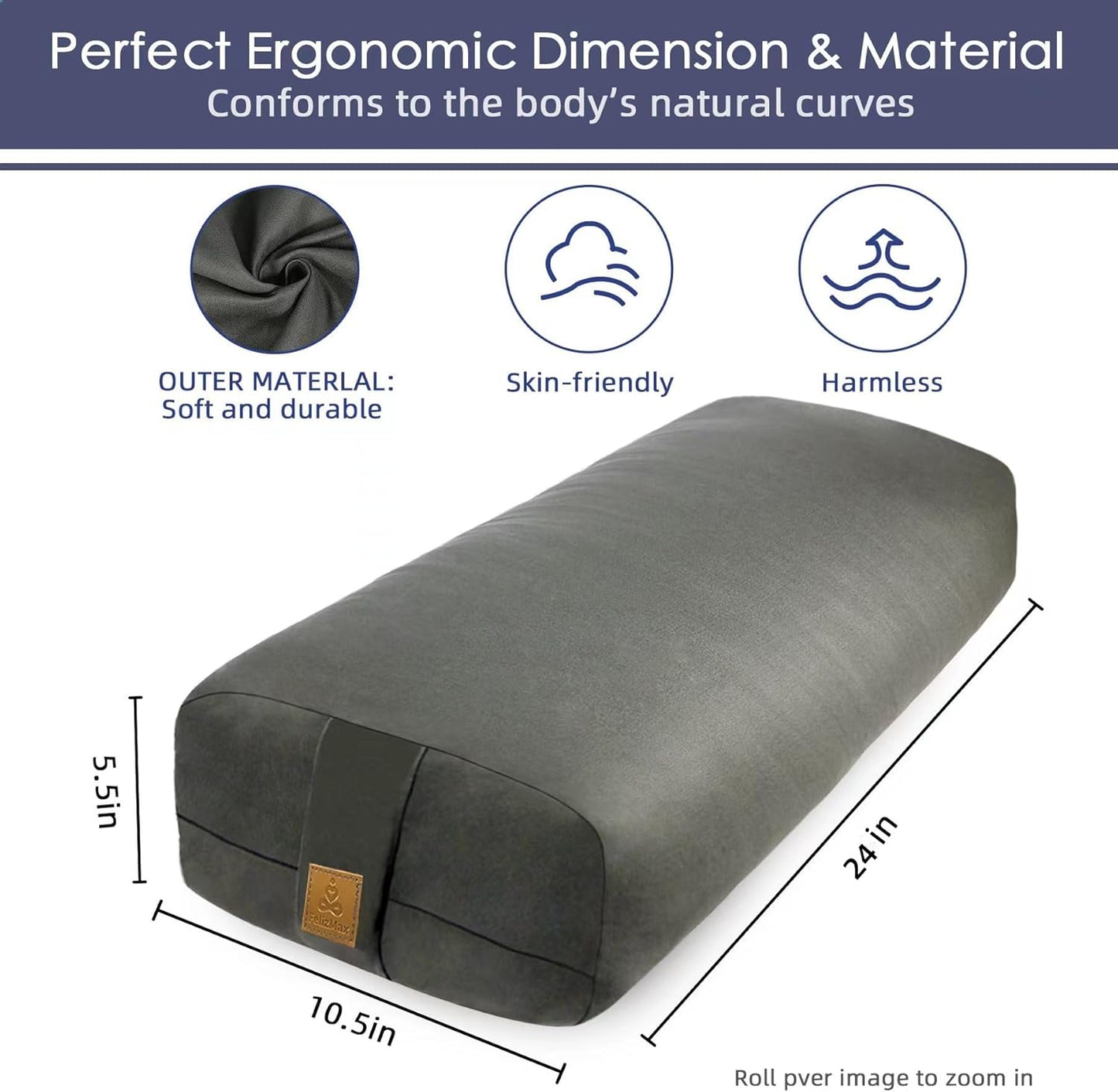 Organic Buckwheat Bolster (24X10.5X5.5 in) Supportive Rectangular Meditation Pillow 100% Cotton Cover Yoga Pillow