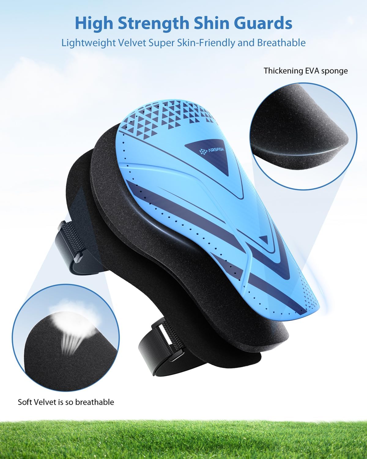 Shin Guards Soccer Kids Youth, CE Certified Airsfish Shin Guard Protection Gear for 2-18 Years Old Boys Girls Teenagers High Impact Resistant Breathable Comfortable 1 Pair 4 Sizes