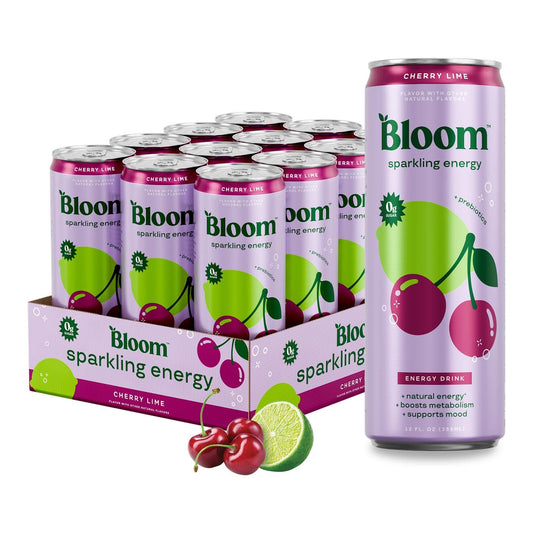 Bloom Nutrition Sparkling Energy Drink - Natural Caffeine, Zero Sugar, 180mg Caffeine - Antioxidant-Rich w/Green Coffee Bean, Green Tea Extract, Prebiotics - Cherry Lime - 12oz 12 pk