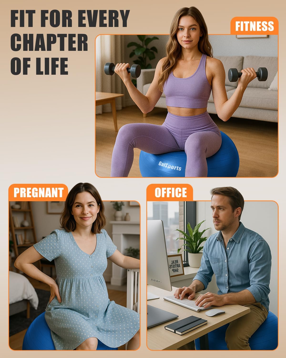 GalSports Anti-Burst Slip Resistant Stability Ball - Swiss Ball for Home Gym & Physical Therapy