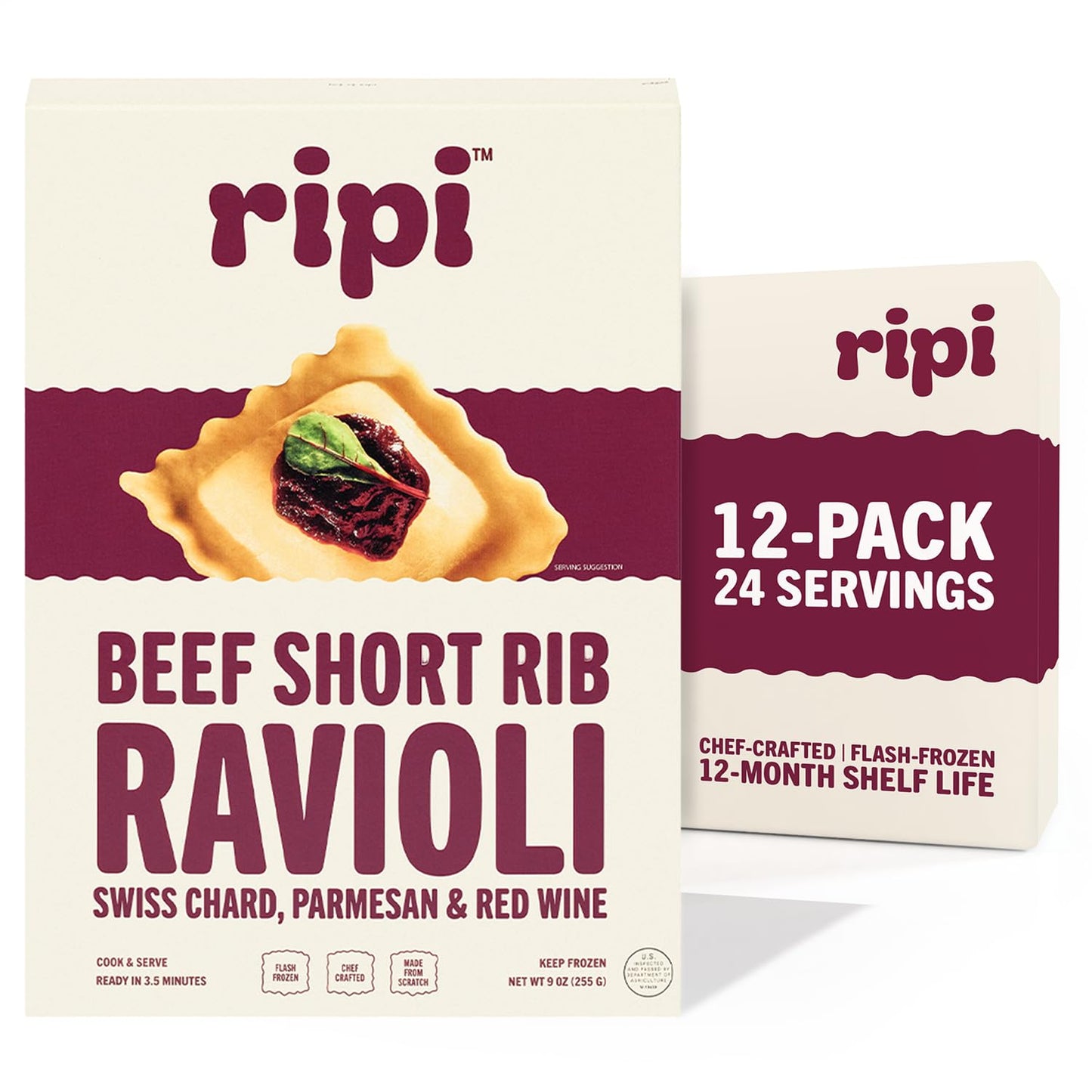 Ripi Braised Short Rib Ravioli – Red Wine, Swiss Chard & Parmesan – Frozen Pasta Meal – Ready in Under 5 Minutes, 9oz, Pack of 12