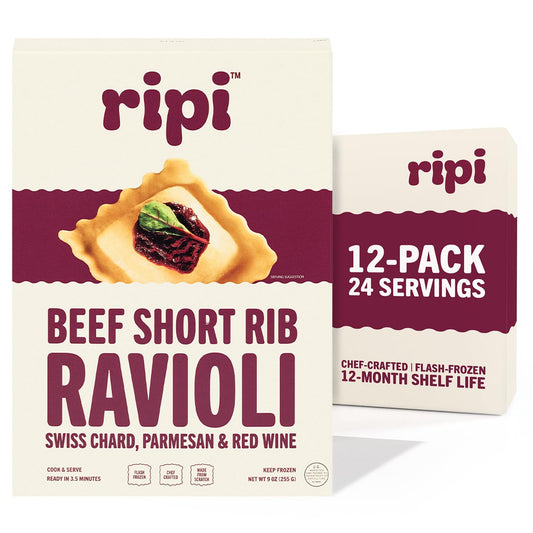 Ripi Braised Short Rib Ravioli – Red Wine, Swiss Chard & Parmesan – Frozen Pasta Meal – Ready in Under 5 Minutes, 9oz, Pack of 12