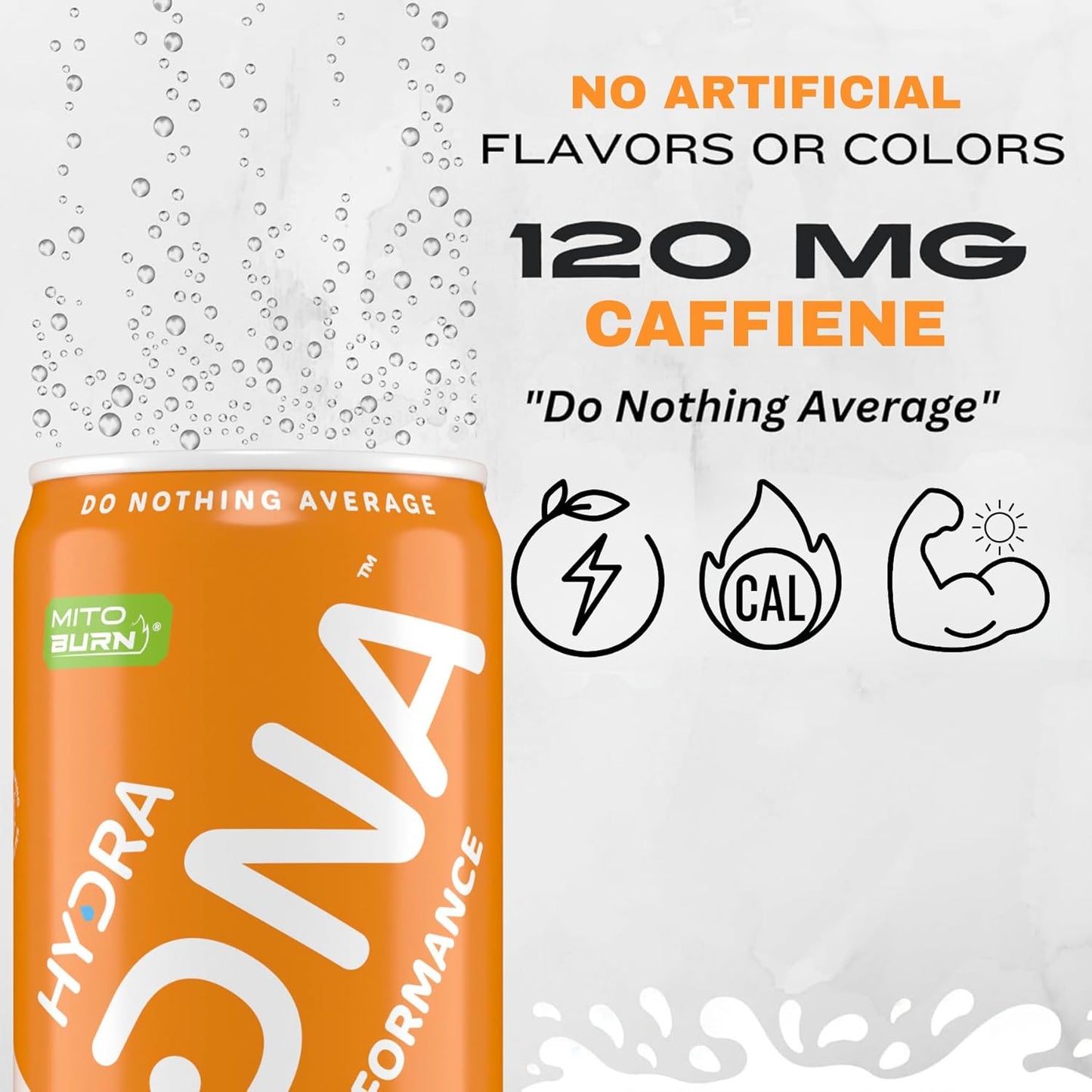 HYDRADNA- Clean Performance Drink, Zero Sugar | For Natural Fuel, Alertness, Boost, Stamina,120 mg Organic Caffeine, Natural Flavors, Zero Sucralose, Clean Ingredients (12 Pack) (12 Pack, Orange)