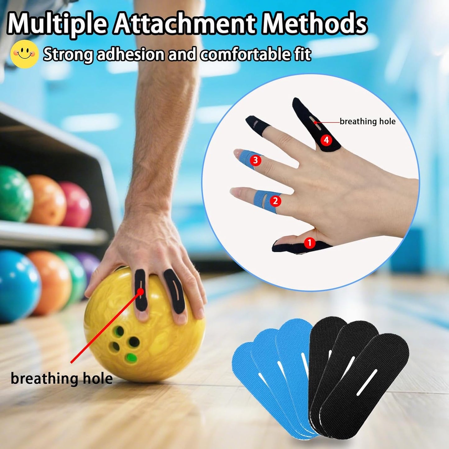 180 PCS Bowling Thumb Tape with Breathing Holes - Breathable & Sweat Proof Sports Tape for Men Women, Finger Grip Protection for Bowling, Yoga, Fitness (Black & Blue)