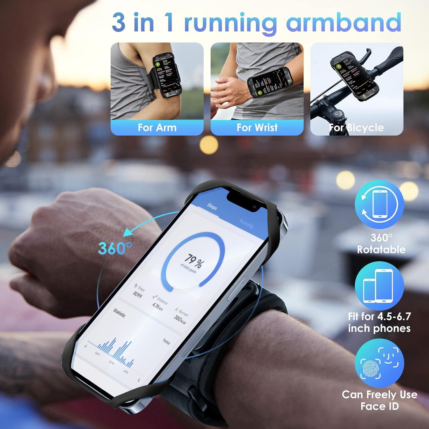 Cikyner Running Armband, 3 in 1 Running Phone Holder Sports Armband Bicycle Phone Holder 360° Rotatable & Detachable Running Phone Armband for 4.5-7'' iPhone Huawei for Gym Running Hiking