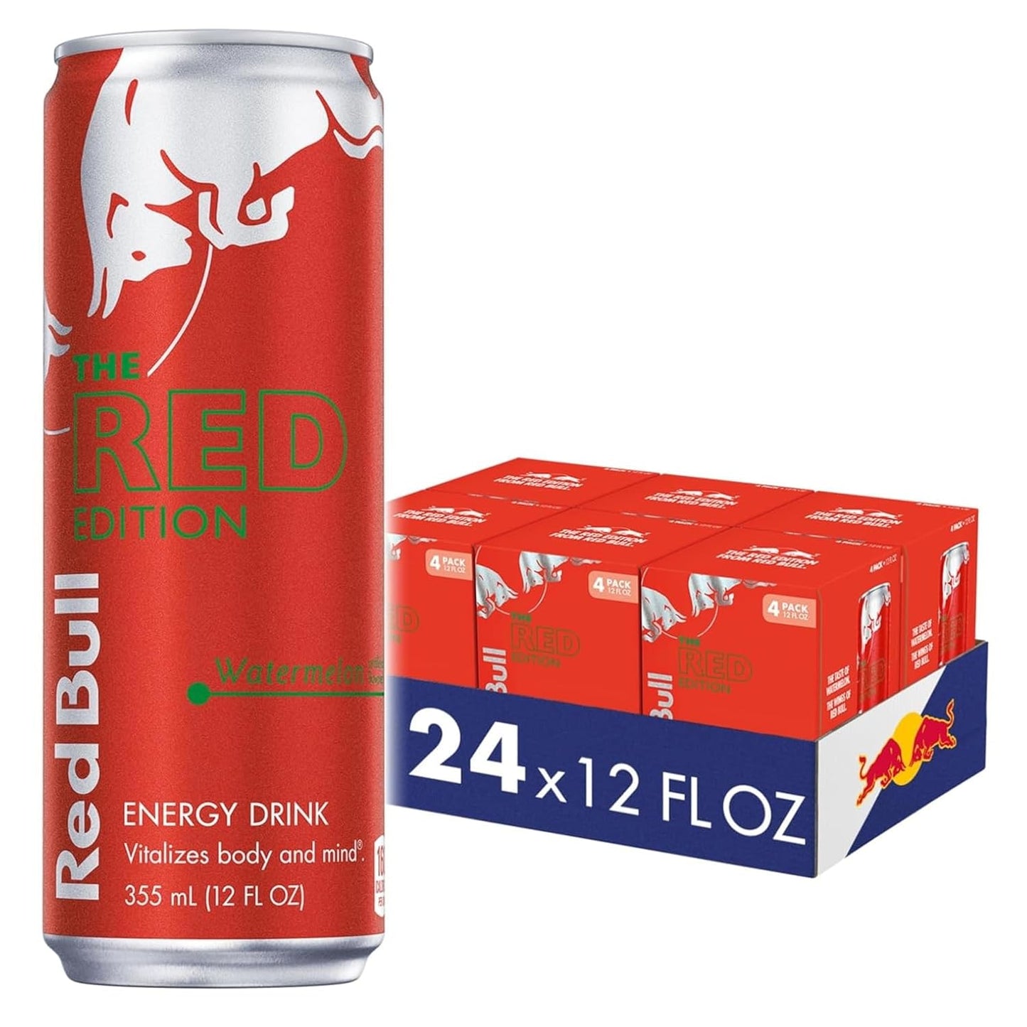 Red Bull Red Edition Energy Drink, Watermelon, with 114mg Caffeine plus Taurine & B Vitamins, 12 Fl Oz, 6 Packs of 4 Cans (Pack of 24)