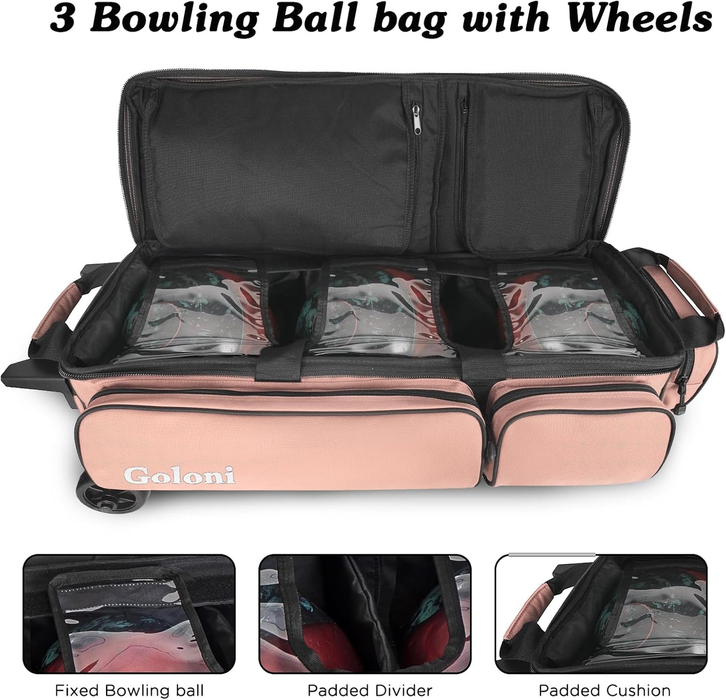 Goloni 3 Ball Bowling Bags with Wheels - Rolling Bowling Bag for 3 Balls & Accessories - Retractable Handle Extends to 38