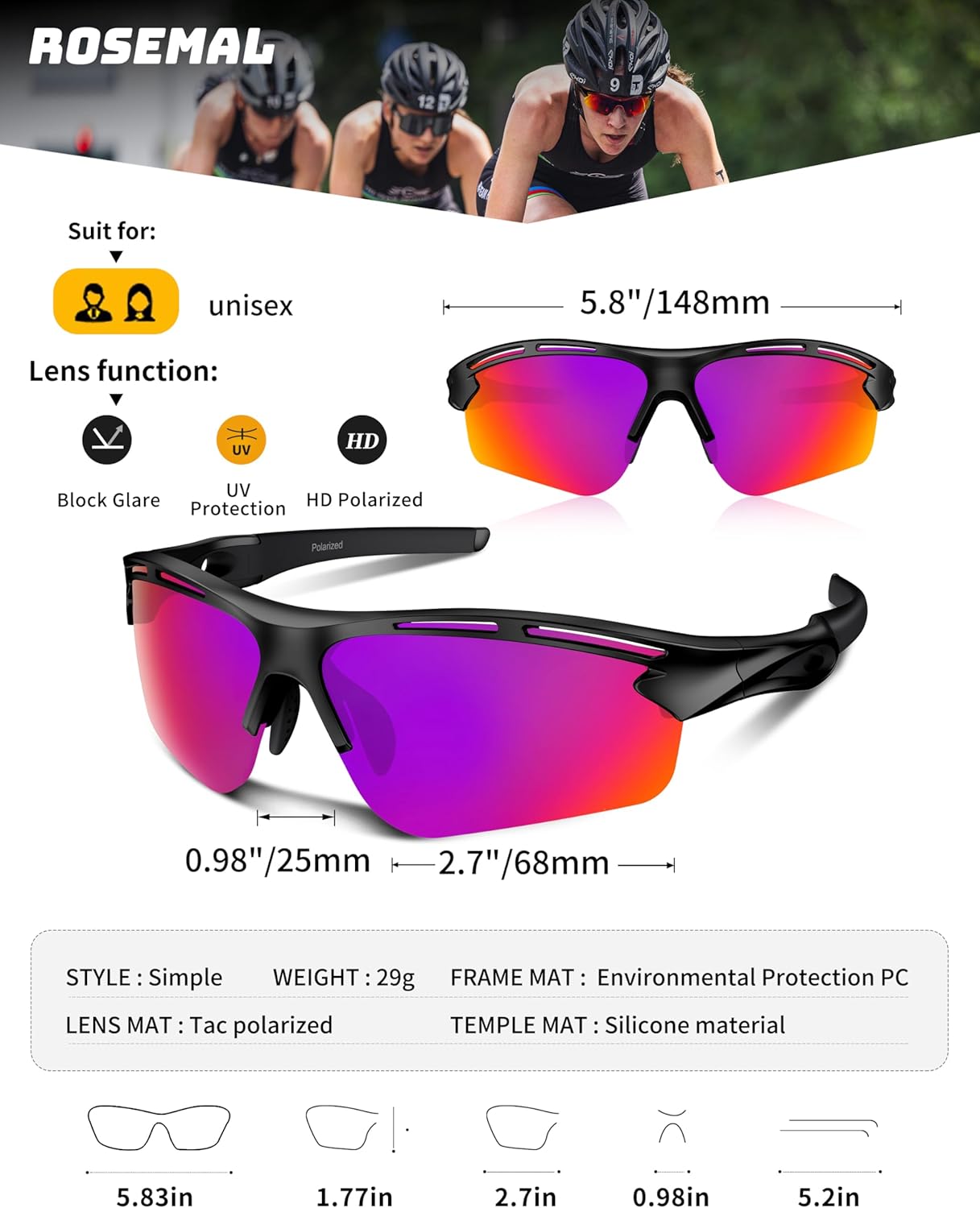 Polarized Sports Sunglasses for Men Women,UV400 Protection Sunglass for Running Cycling Fishing Hiking TR90