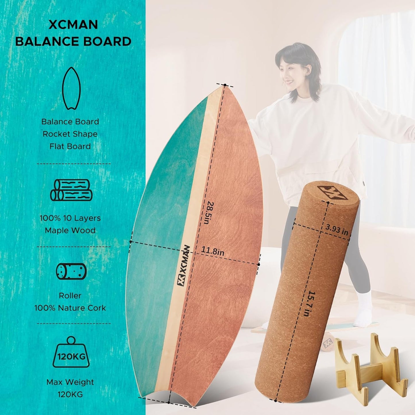 XCMAN Surf Balance Board Trainer with Roller Wooden Exercise Balancing Stability Trainer - Non Slip Surface for Adults Kids|Balance Board for Surfing,Snowboarding,Skateboarding,Hockey,Yoga Training