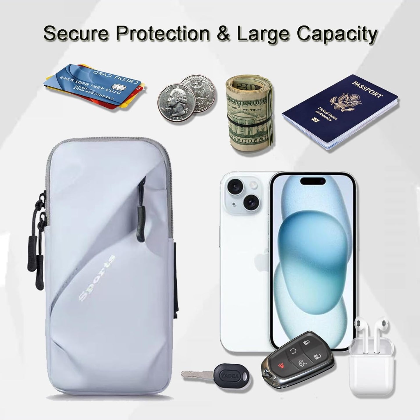 Phone Holder Arm Bands, Small Crossbody Shoulder Holsters Bag with Arm Band, Fits iPhone and All Cell Phones, Use for Running, Walking, Hiking & Biking (Plus Size Light Blue)