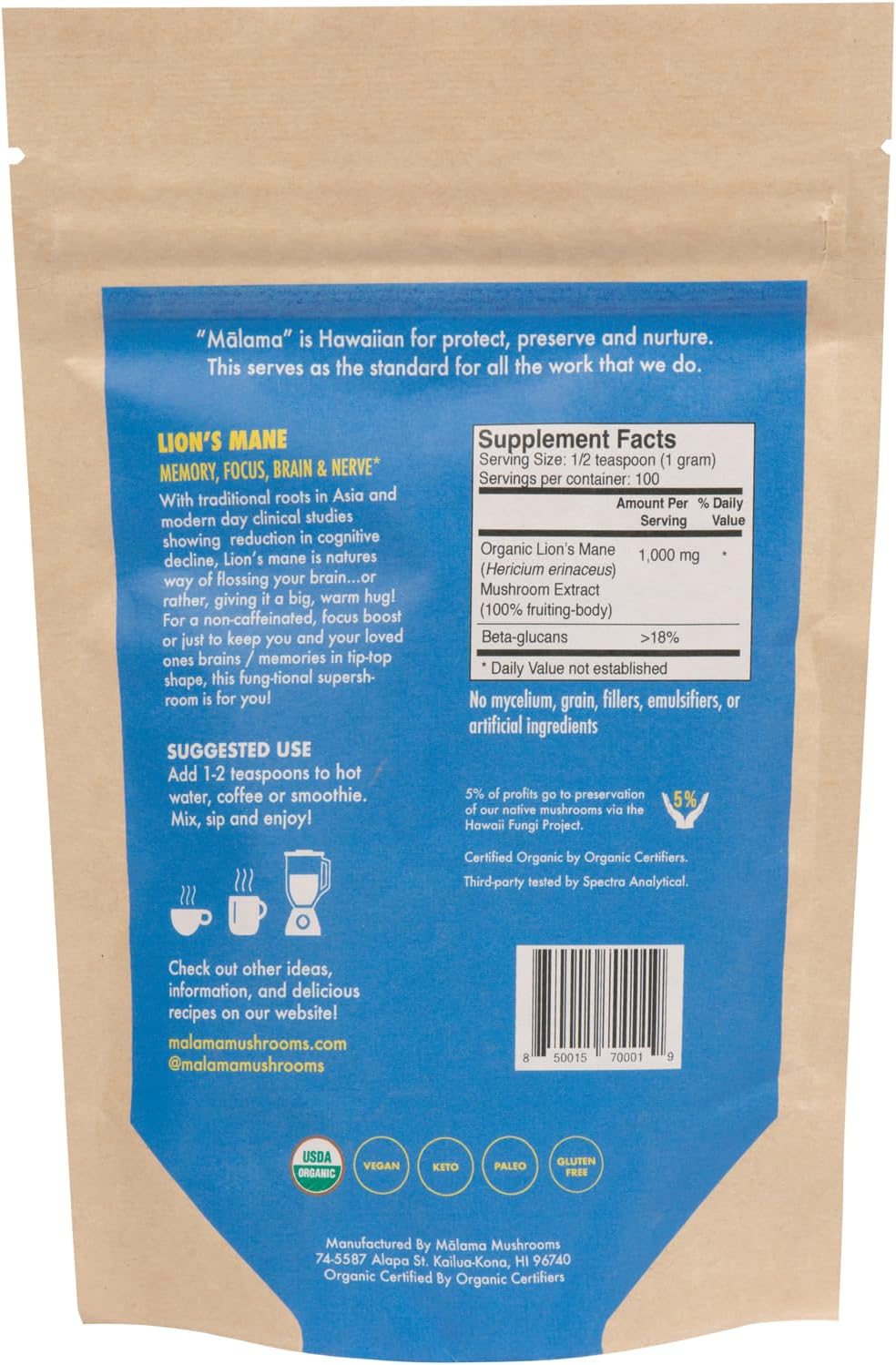 Lion's Mane Extract Powder by Malama, Organic Fruiting Body Lions Mane Mushroom Powder, Superfood Adaptogenic, Supports Memory, Focus, Brain, & Nerves