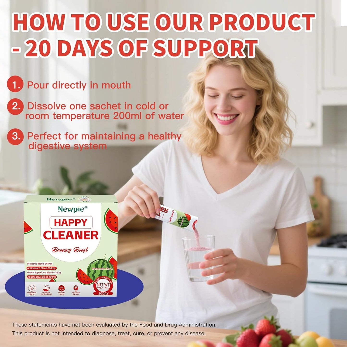 Newpie Superfoods Happy Cleaner Probiotic Powder,Watermelon Flavor Prebiotic & Probiotic Powder,Organic Fiber,Sugar Free,Gut Health,Natural Antioxidant for Women Men (20 Packet, Watermelon)