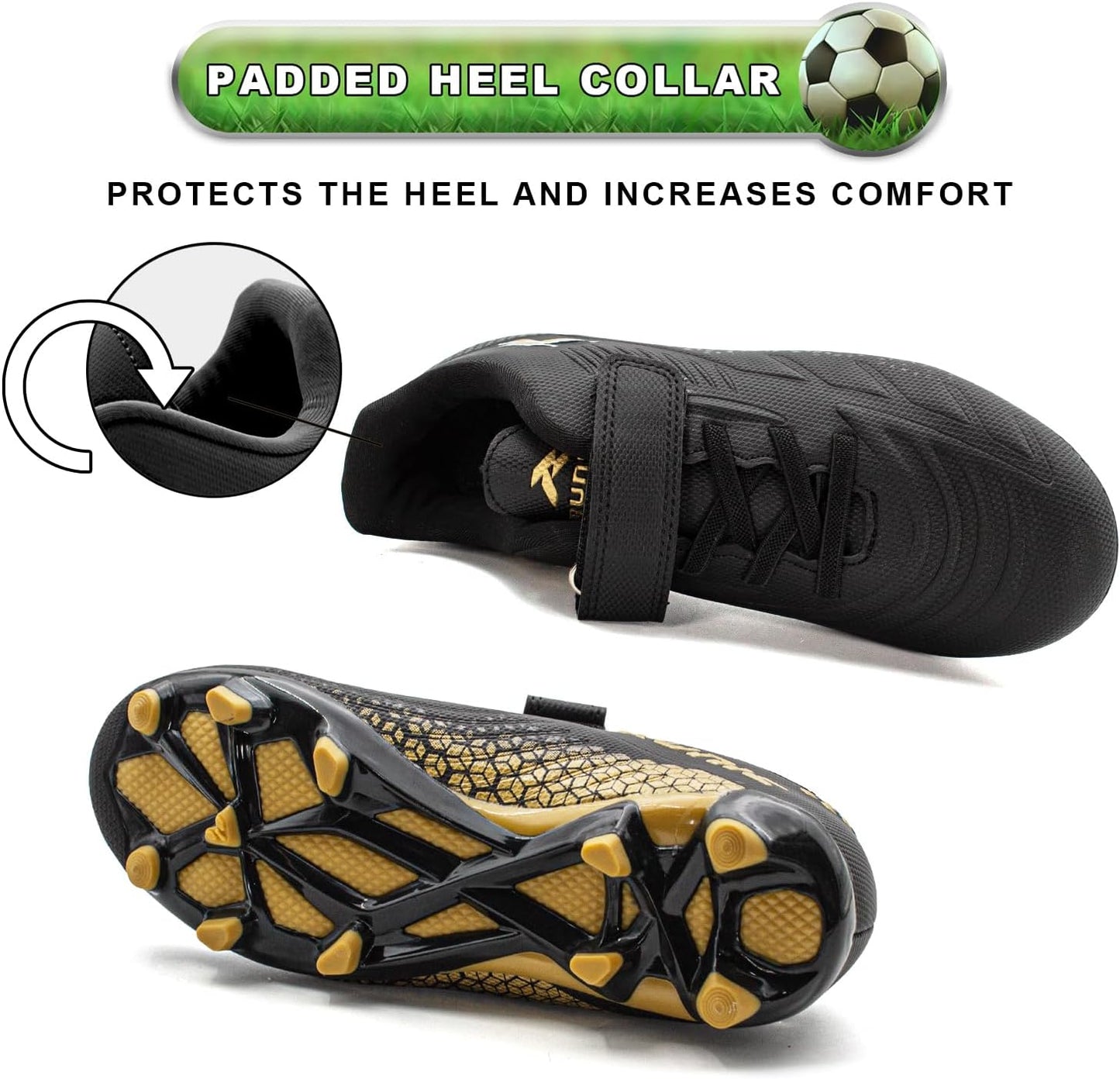 RUNIC Kids Soccer Cleats for Boys and Girls - Small and Big Kid Athletic Outdoor Football Shoes - Firm Ground - Hook and Loop Closure - Black/Gold
