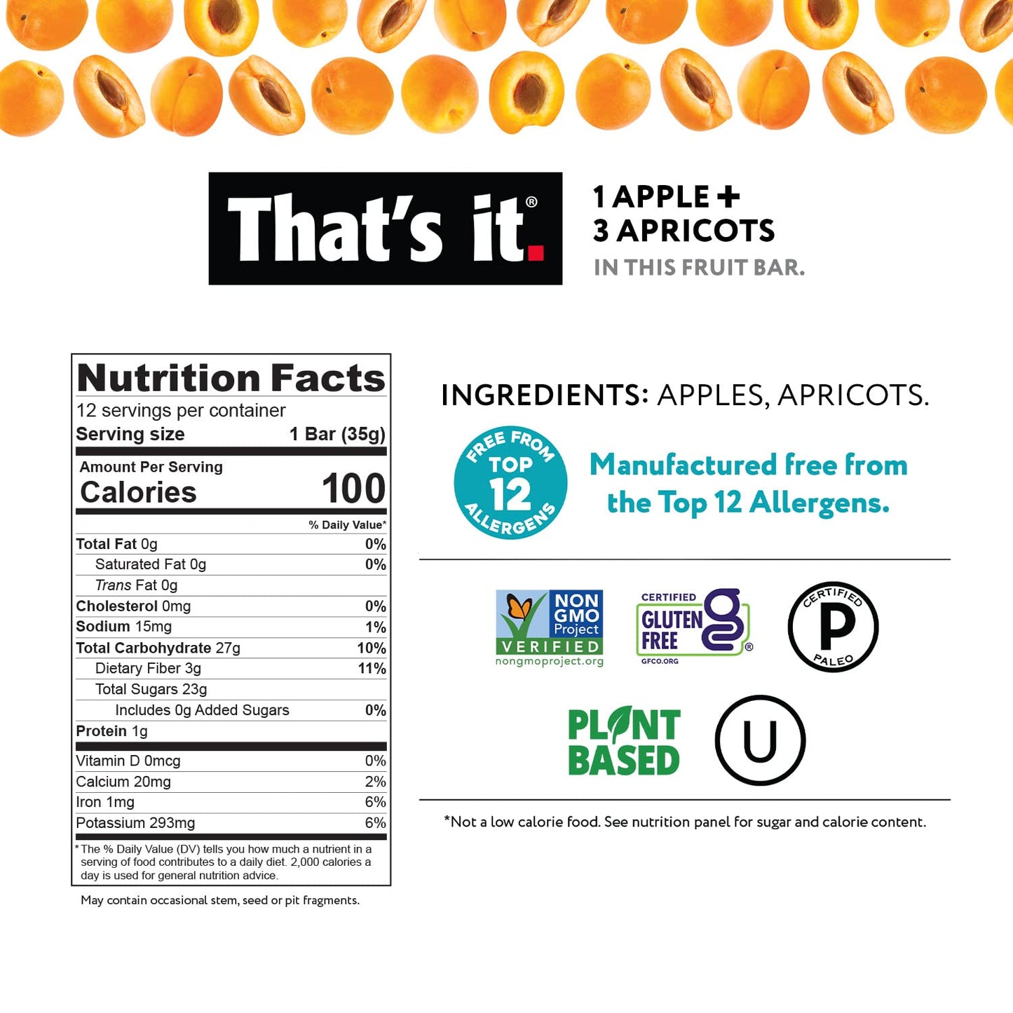 That's it. Apple + Apricot 100% Natural Real Fruit Bar, Best High Fiber Vegan, Gluten Free Healthy Snack, Paleo for Children & Adults, Non GMO No Added Sugar, No Preservatives Energy Food (12 Pack)