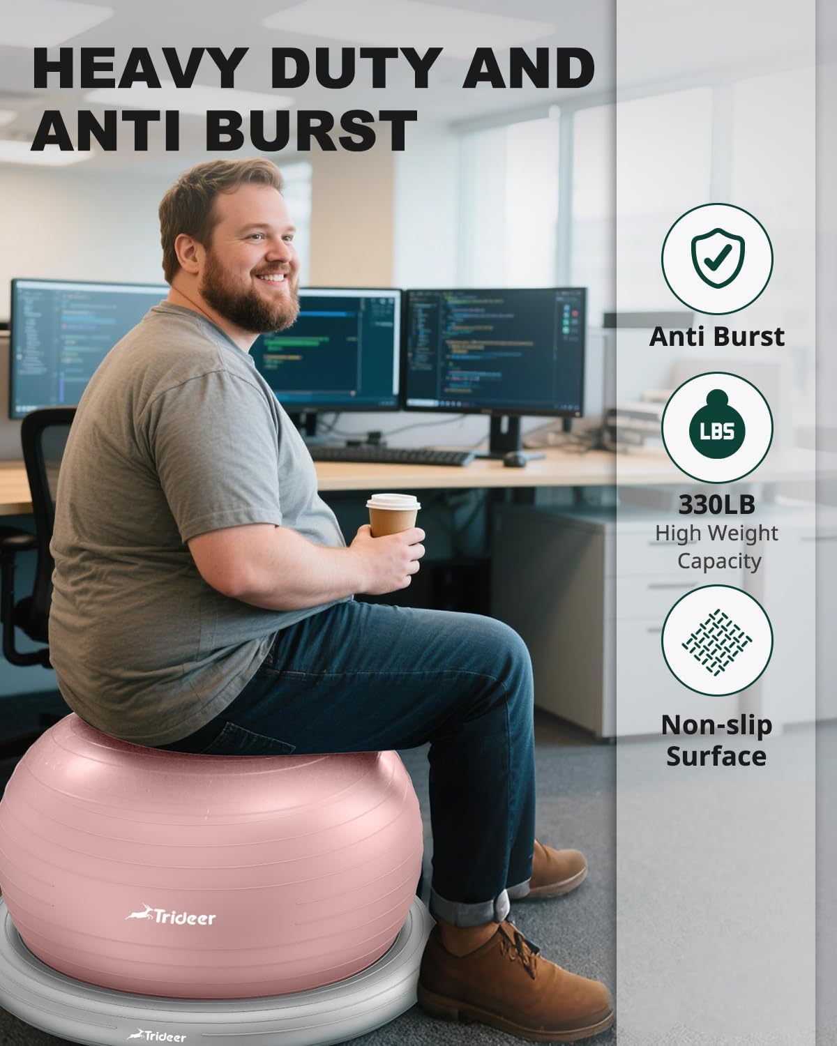 Trideer Exercise Yoga Ball Chair with Base for Home Office Desk, Stability & Fitness Ball Seat to Relieve Back Pain, Home Gym Workout for Abs, Pregnancy Ball with Pump