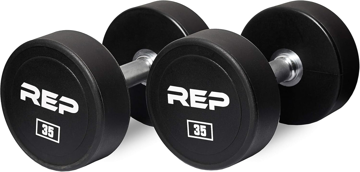 REP Fitness Urethane Coated Round Dumbbells, 5 to 100 lbs, Singles or Pairs, With or Without Rack, Steel Core, Rubber Encased, Chrome Handles, Professional Weights for Home Gym Strength Training